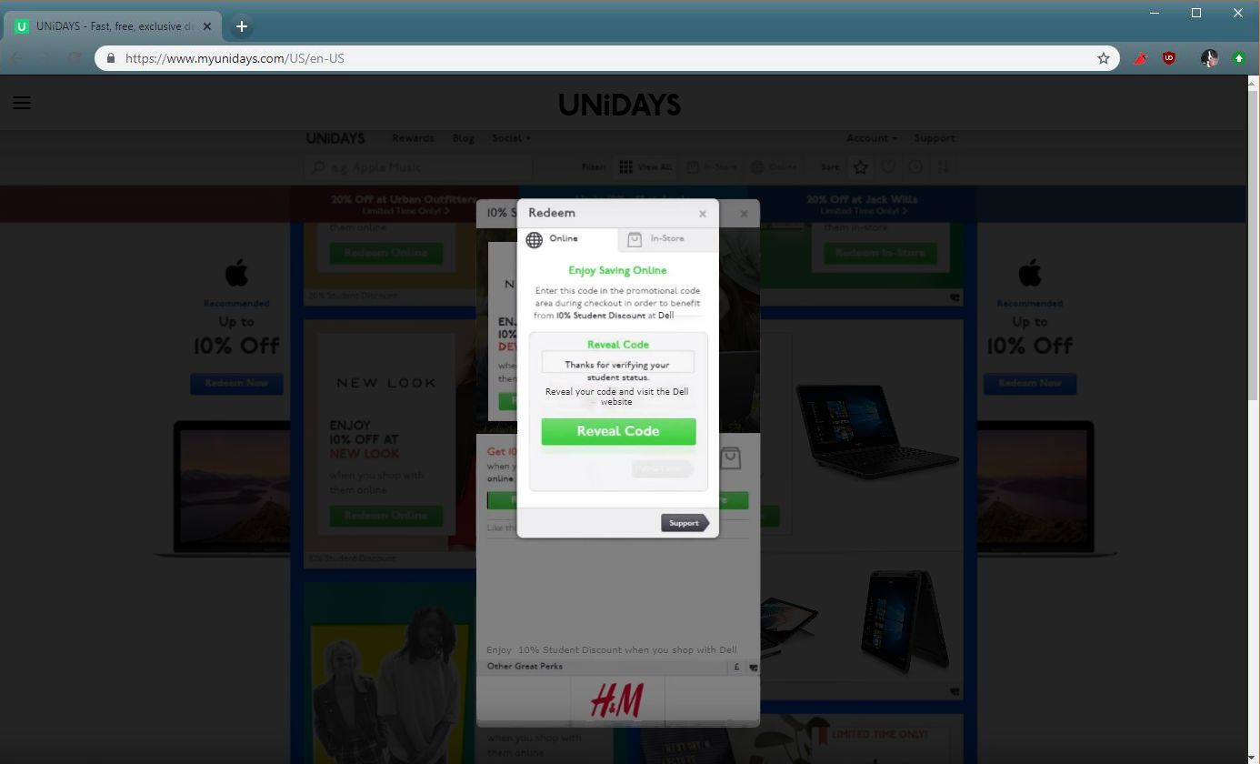 En skärmdump av Unidays Dell-rabatten.