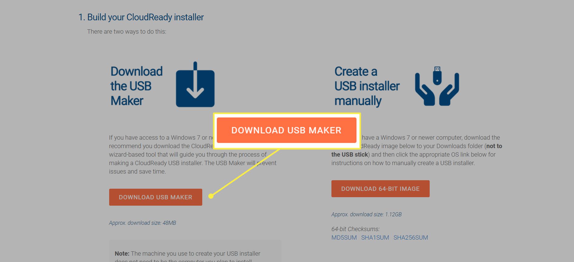 Neverware-webbplats med knappen 'Ladda ner USB Maker' markerad