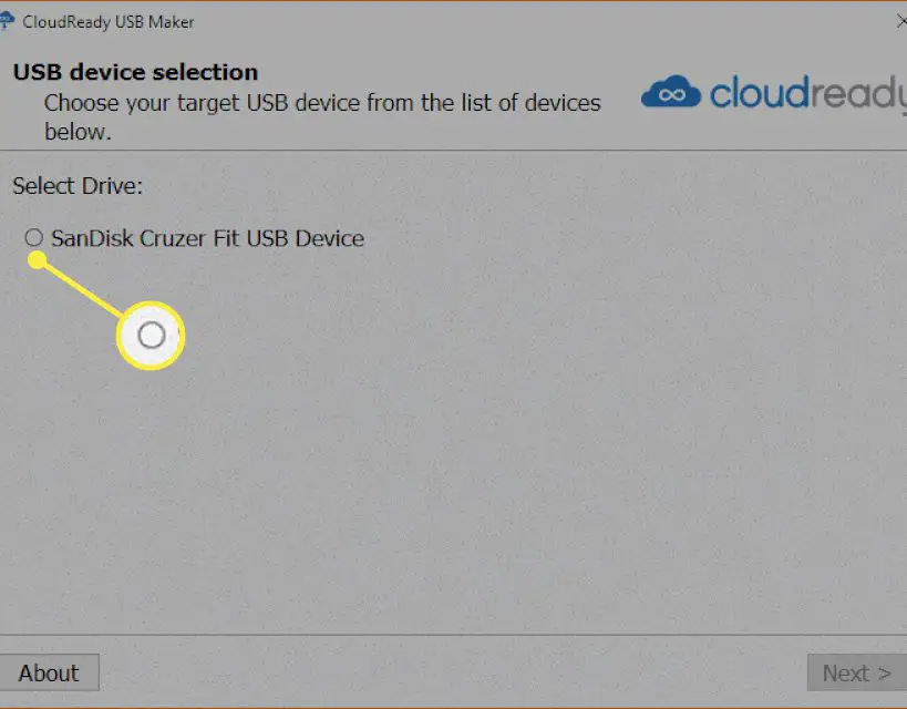 Skärmen för val av USB-enhet för installationsprogrammet för Cloudready