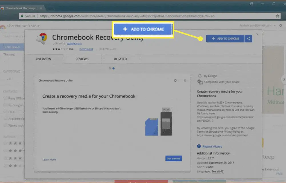 Chromebook Recovery Utility i Google Play Store.  'Lägg till i Chrome' är markerat.