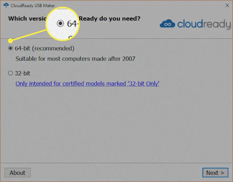 Cloudready installationsfönstret med '64 -bit 'markerat