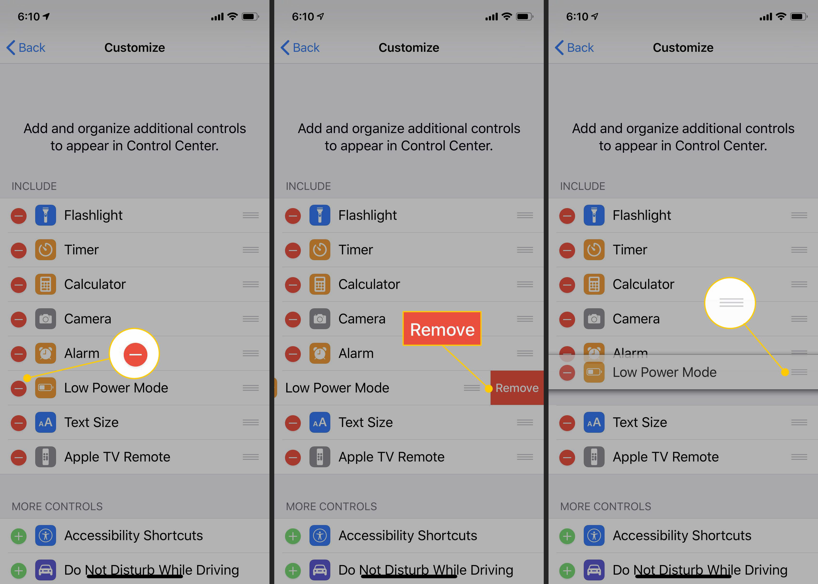 Minusknapp, Ta bort knapp och flytta objektknapp i iOS Control Center Anpassa inställningar