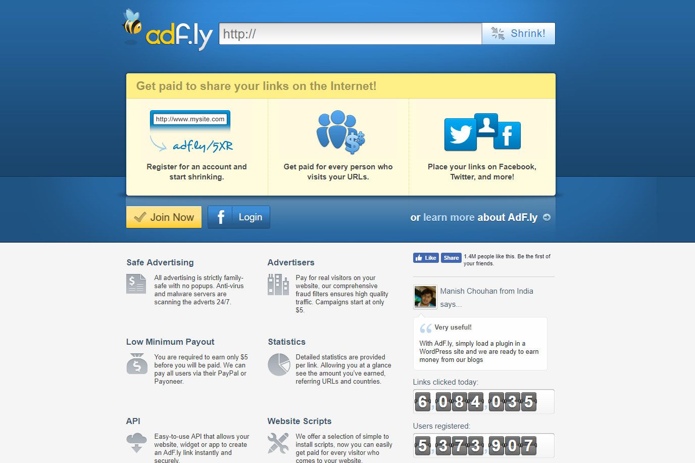 Adf.ly webbplats skärmdump