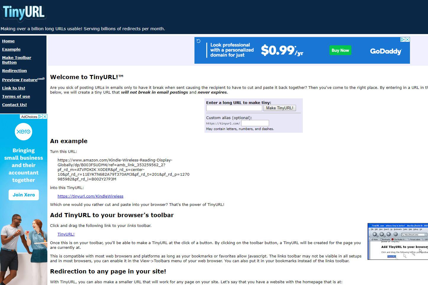 TinyURL webbplats skärmdump