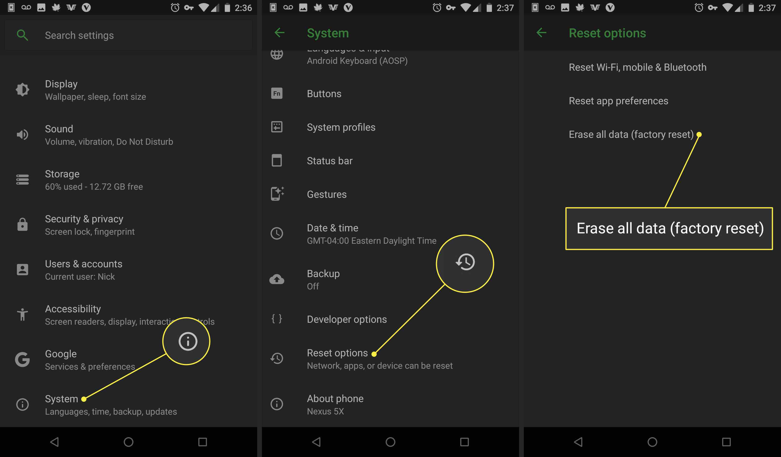 Skärmbilder av en Android-telefon med inställningarna System, Reset Options och Radera alla data markerade