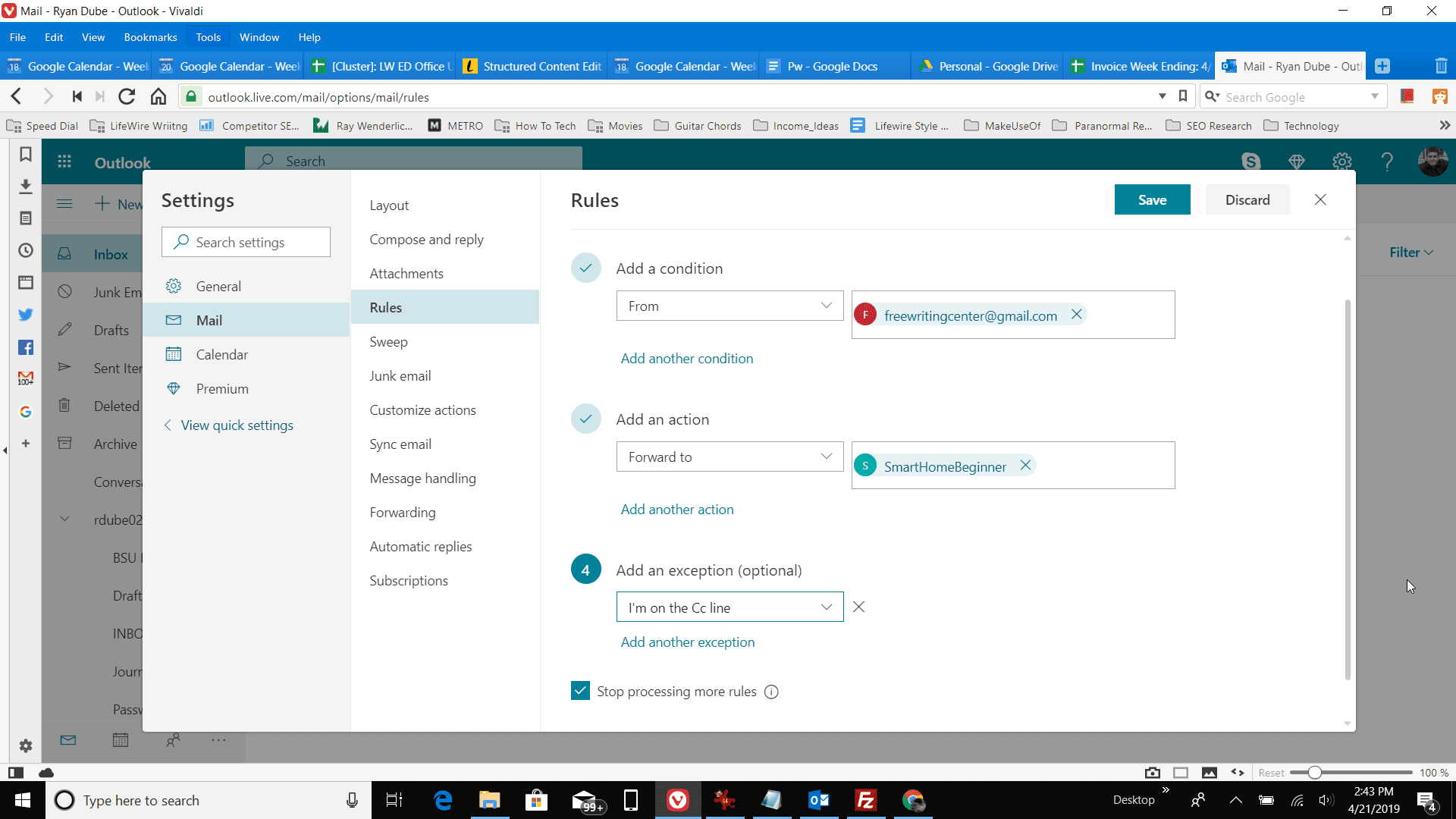 Skärmdump för att lägga till regelundantag i Outlook online