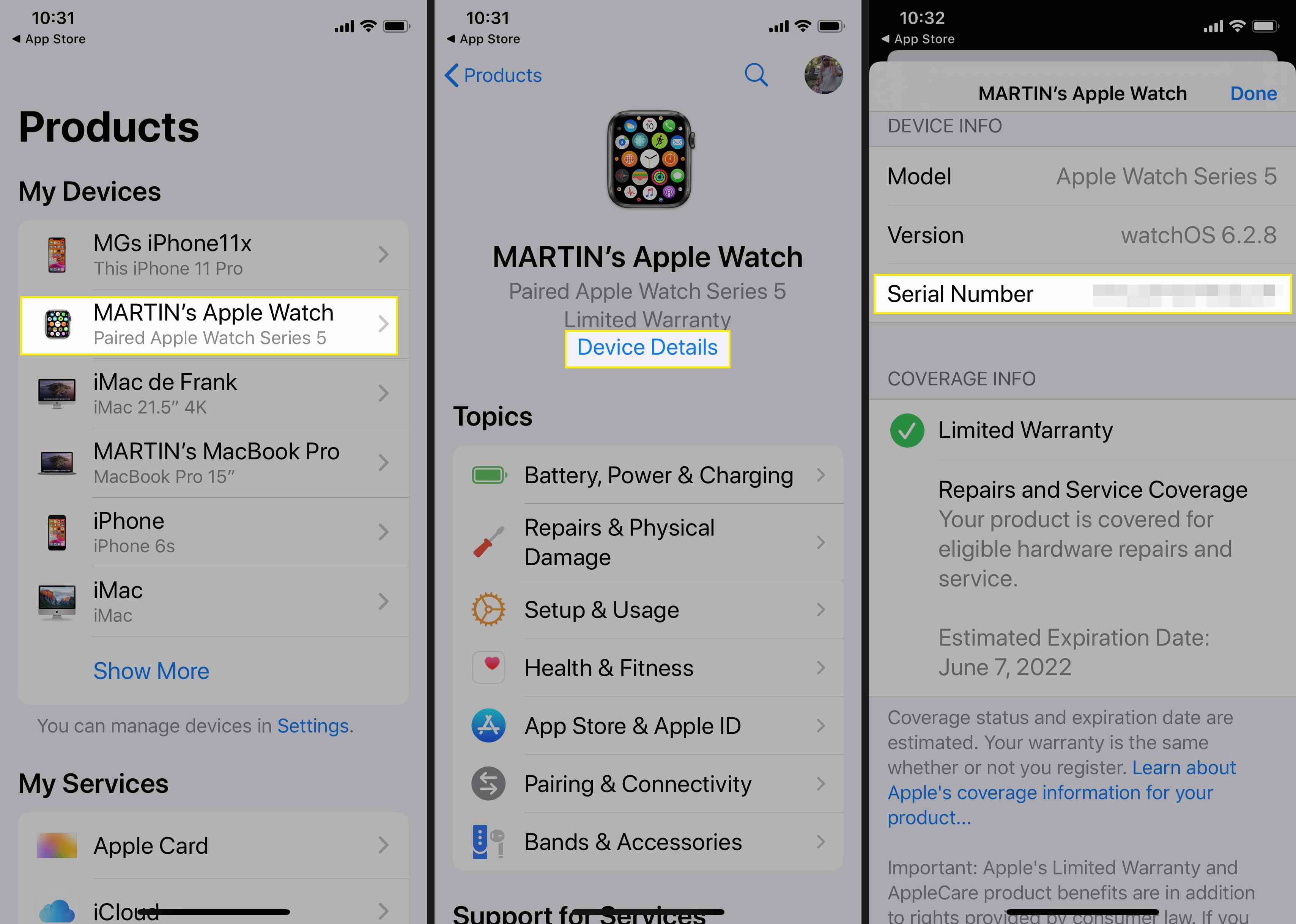 Använd Apple Support-appen för att hitta ditt Apple Watch-serienummer