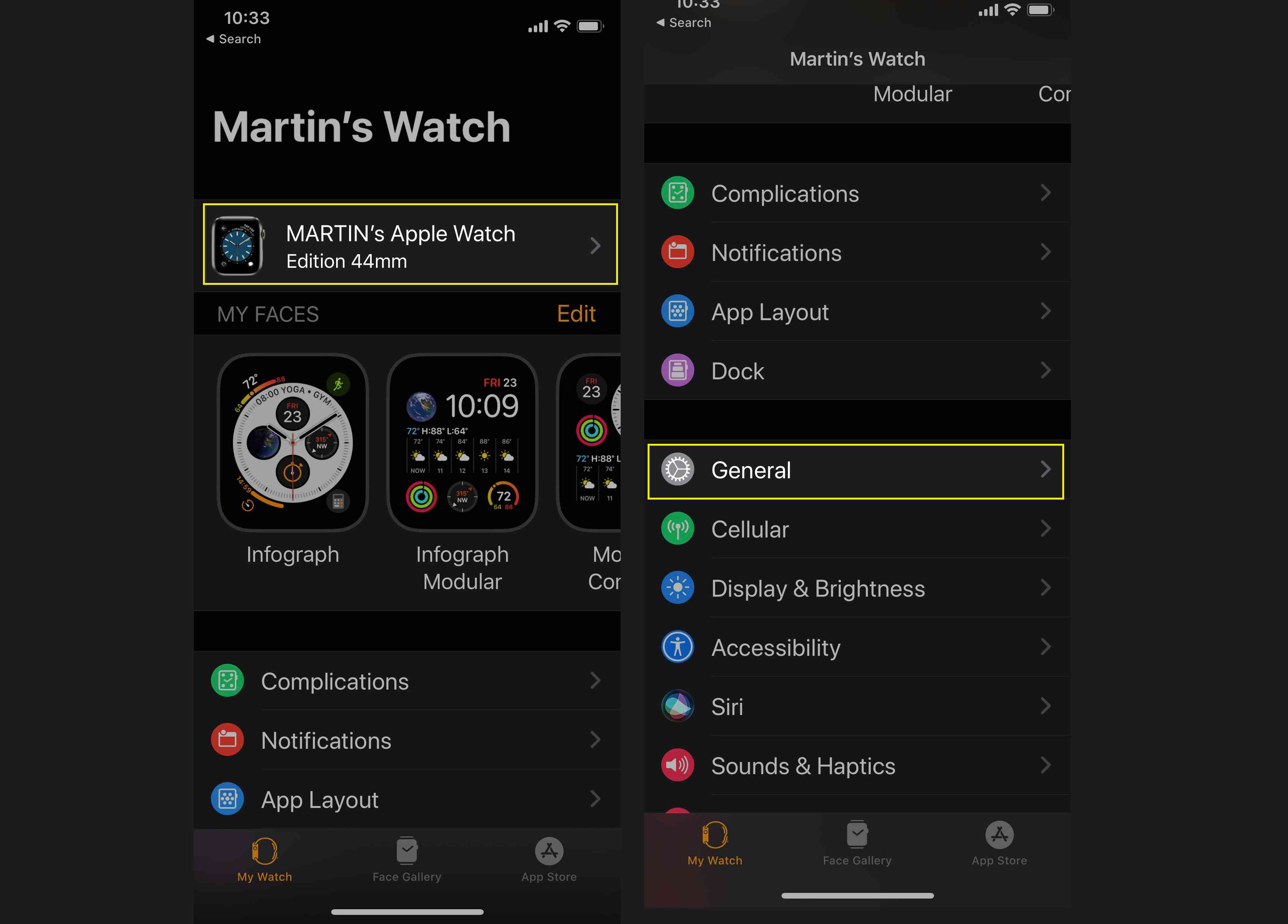 Öppna Apple Watch-appen och välj din enhet och sedan Allmänt