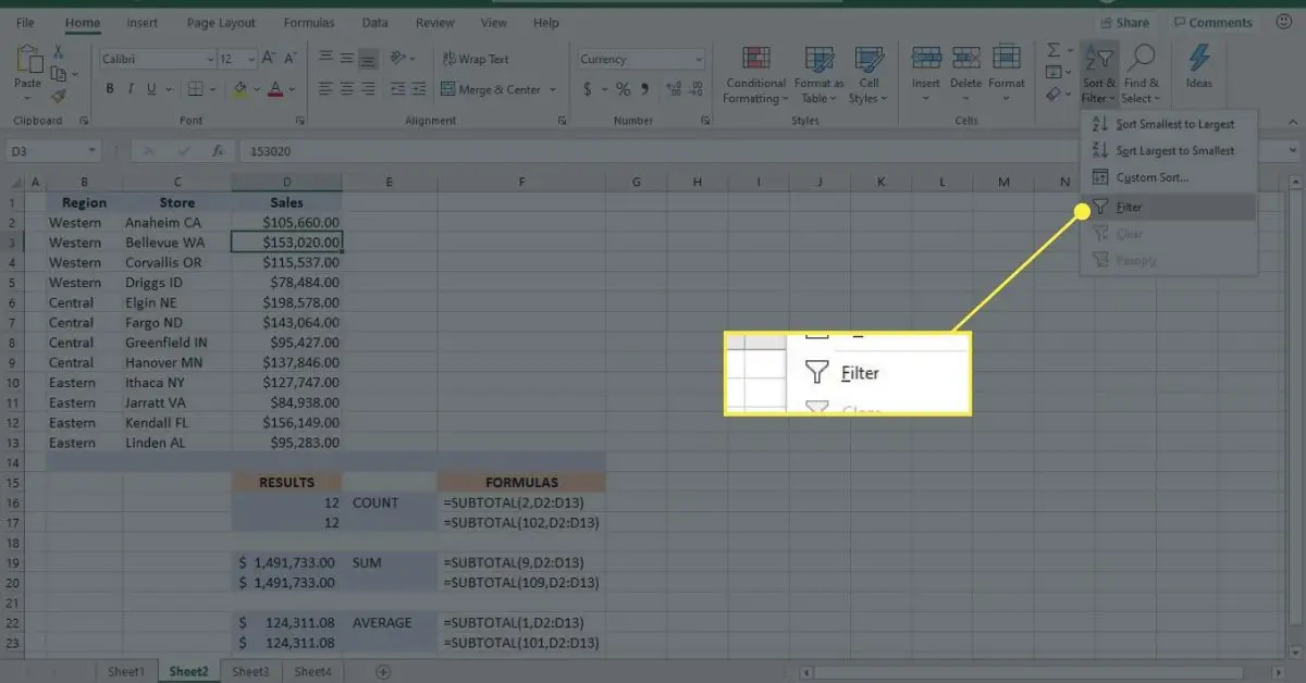 Filtrera data i ett Excel-kalkylblad för att se resultatet av funktionen SUBTOTAL