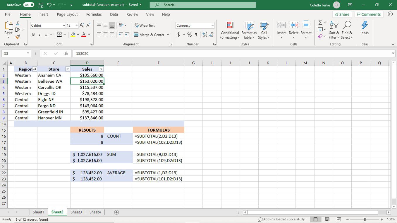 Resultat av SUBTOTAL-funktionen på filtrerade data i ett Excel-kalkylblad