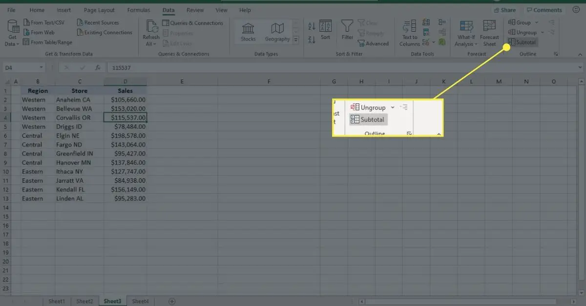 Använd kommandot delsumma för att skapa delsummor och totalsummor för grupperade data i Excel