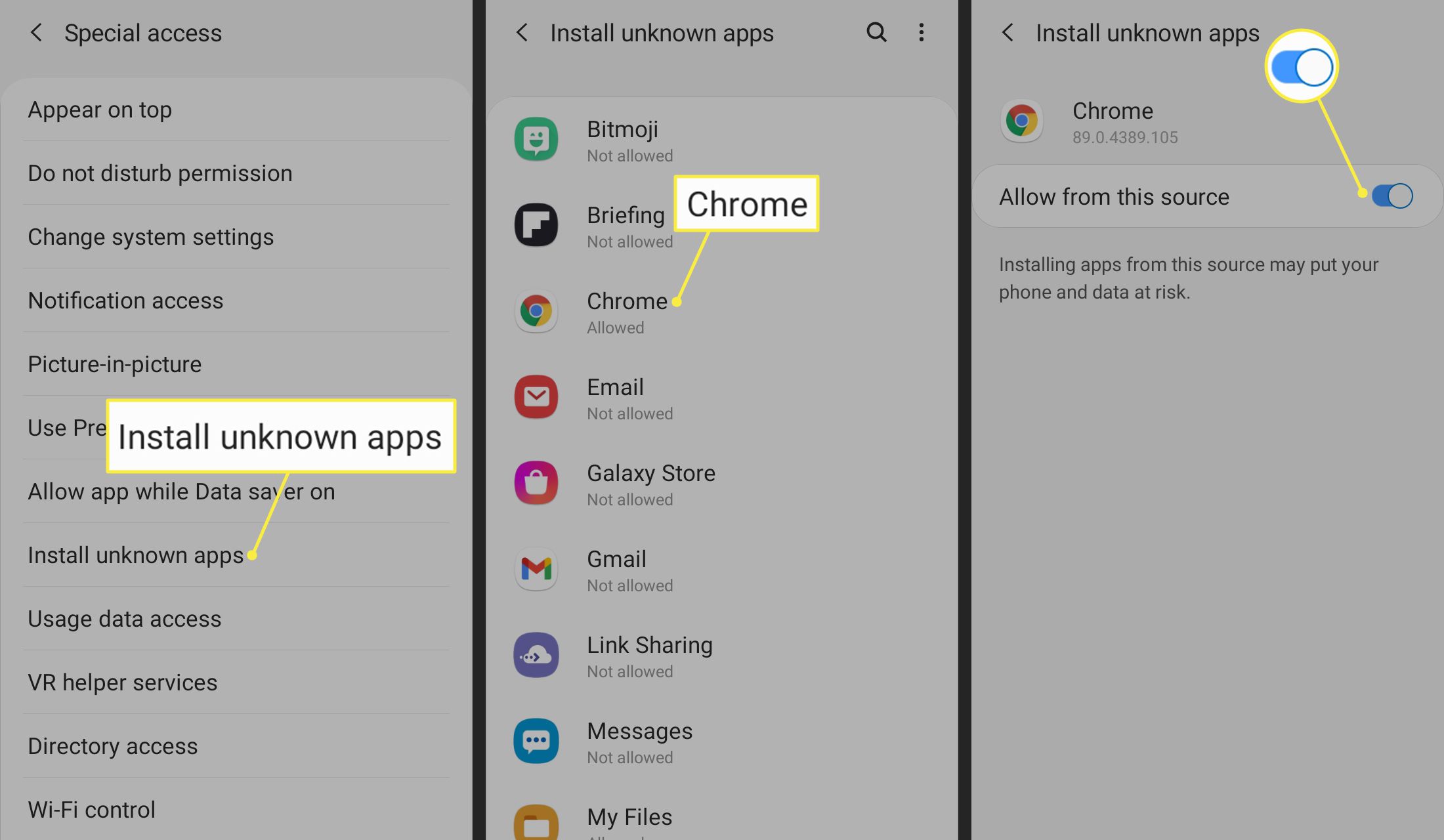 Installera okända appar, Chrome och Tillåt från den här källan växla i Android-inställningar