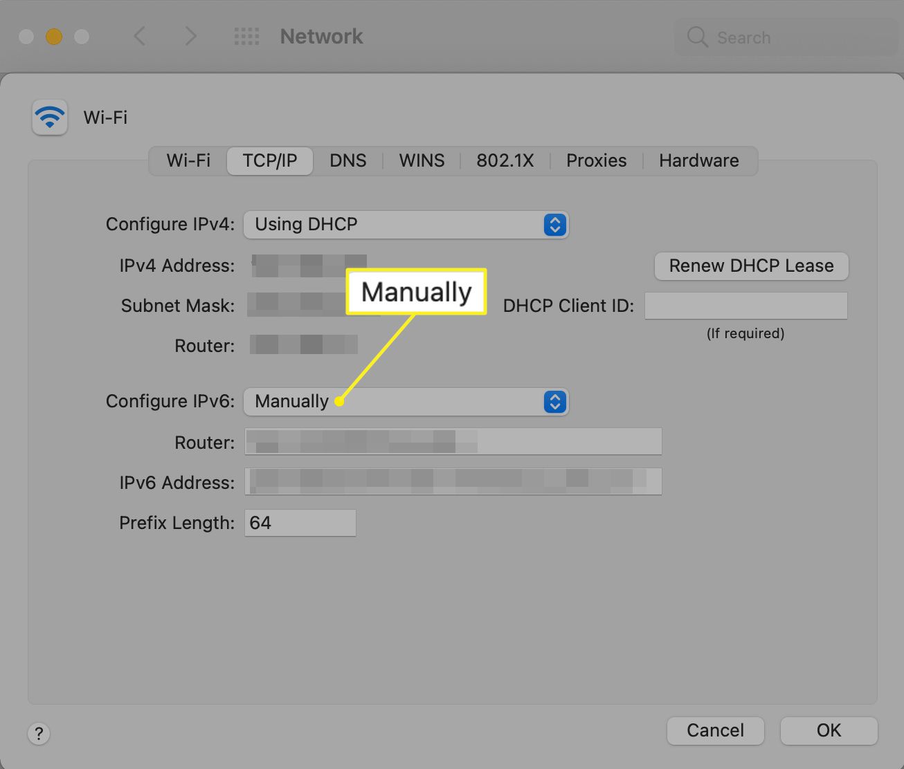 Manuellt konfigurationsval i Mac-nätverksinställningar