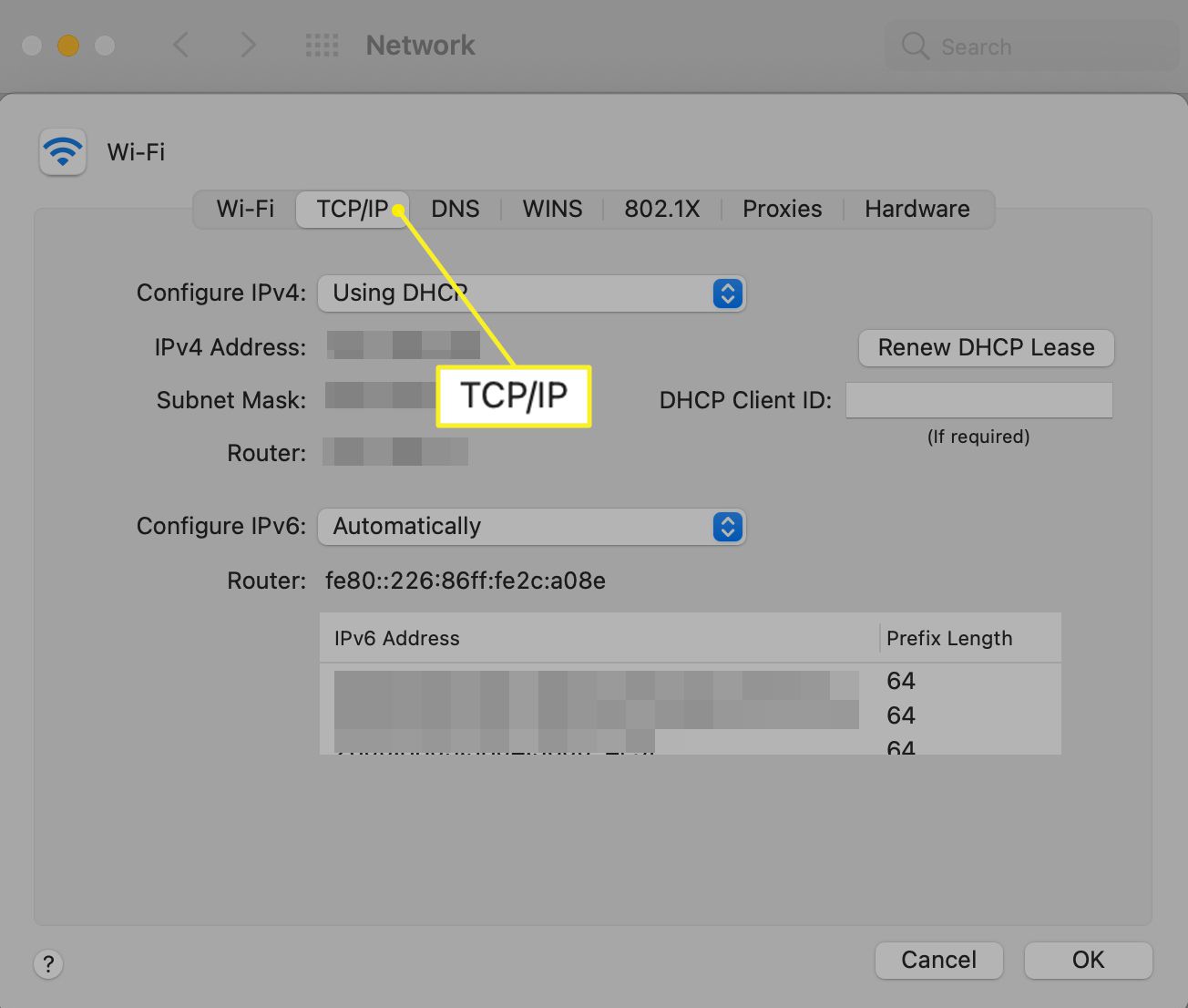 TCP / IP-fliken i Mac-nätverksinställningar