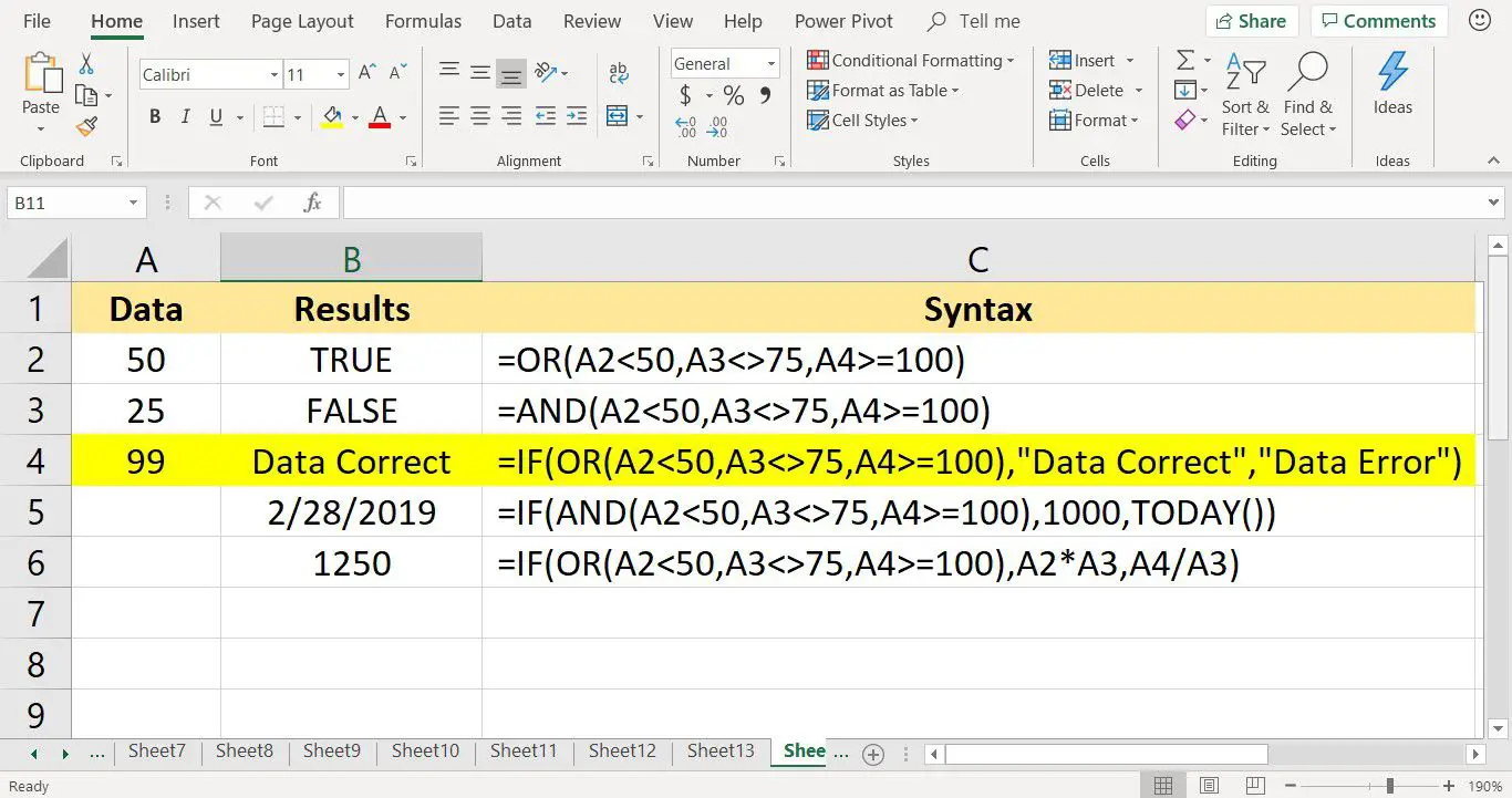 Skärmdump av Microsoft Excel som visar ELLER-funktionen kapslad i IF-funktionen
