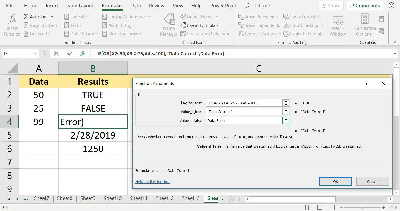 En skärmdump som visar hur ELLER-funktionen kan byggas inuti IF-funktionen i Excel