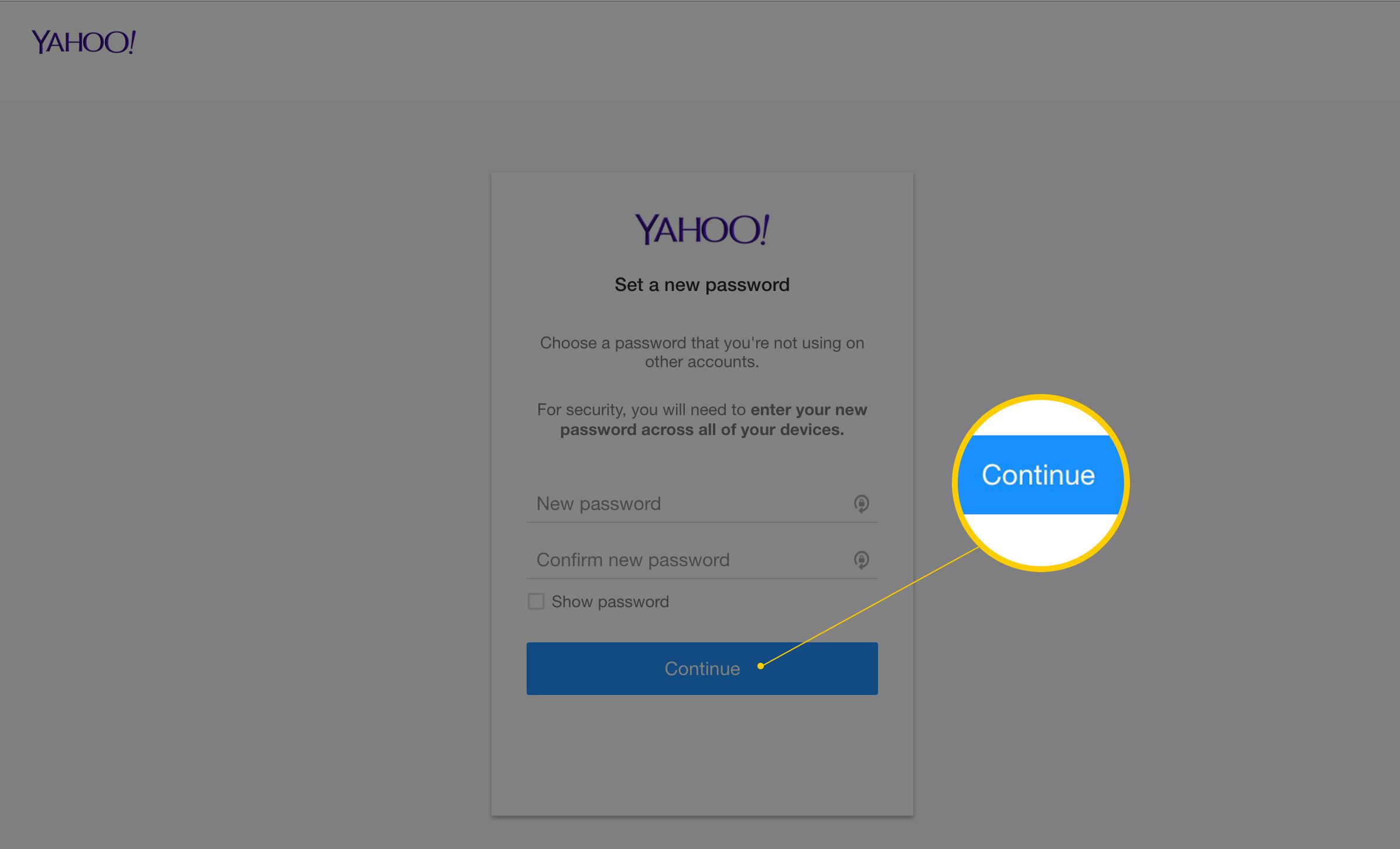 Fortsätt-knappen på Ställ in en ny lösenordsida för Yahoo-e-post