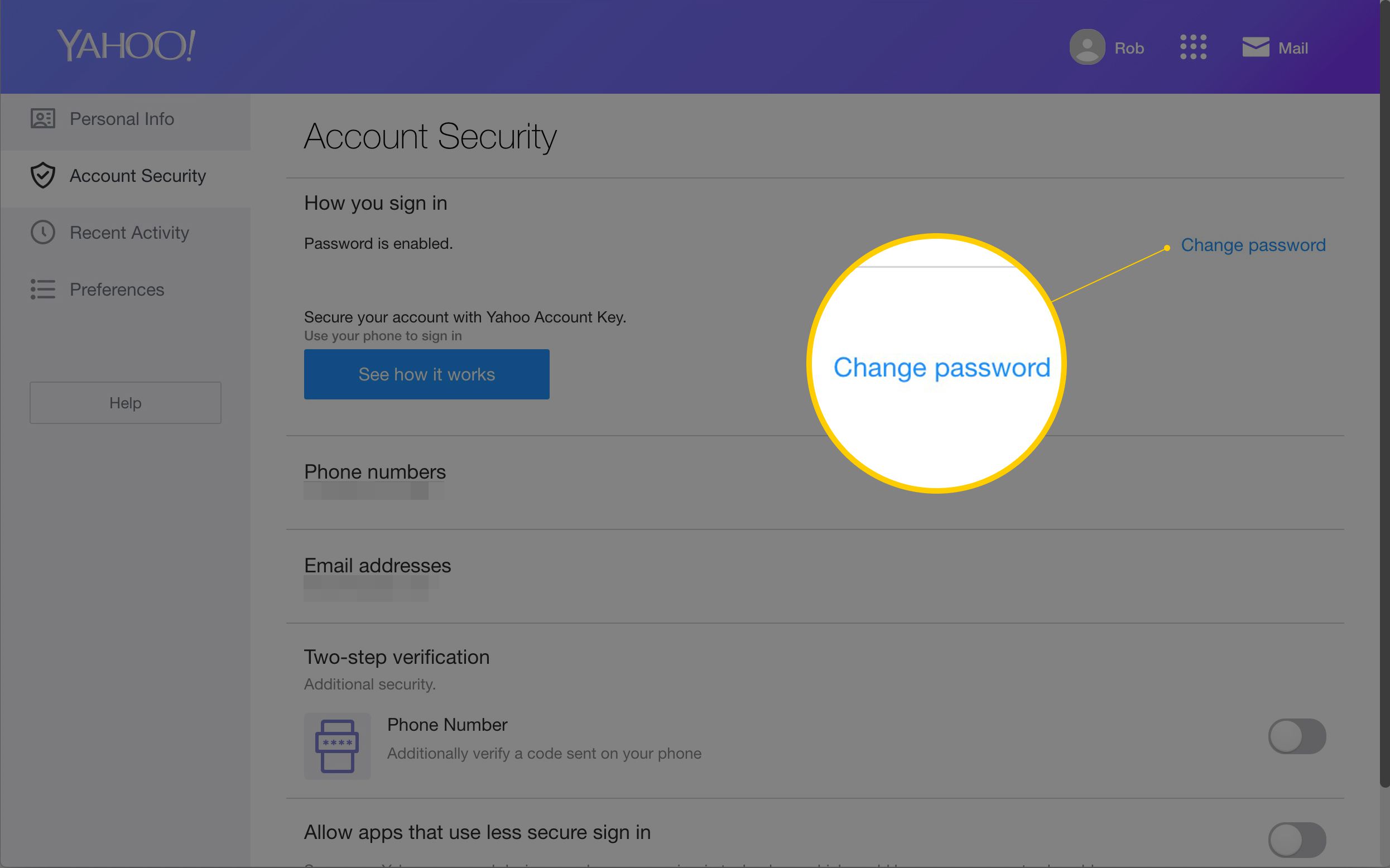 Ändra lösenordslänk på sidan Yahoo Mail Account Security
