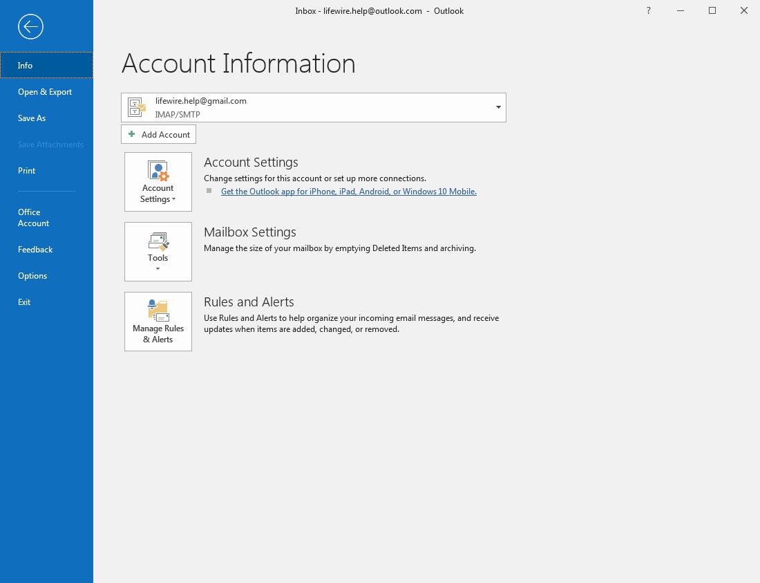 Skärm för Outlook 2016-kontoinformation