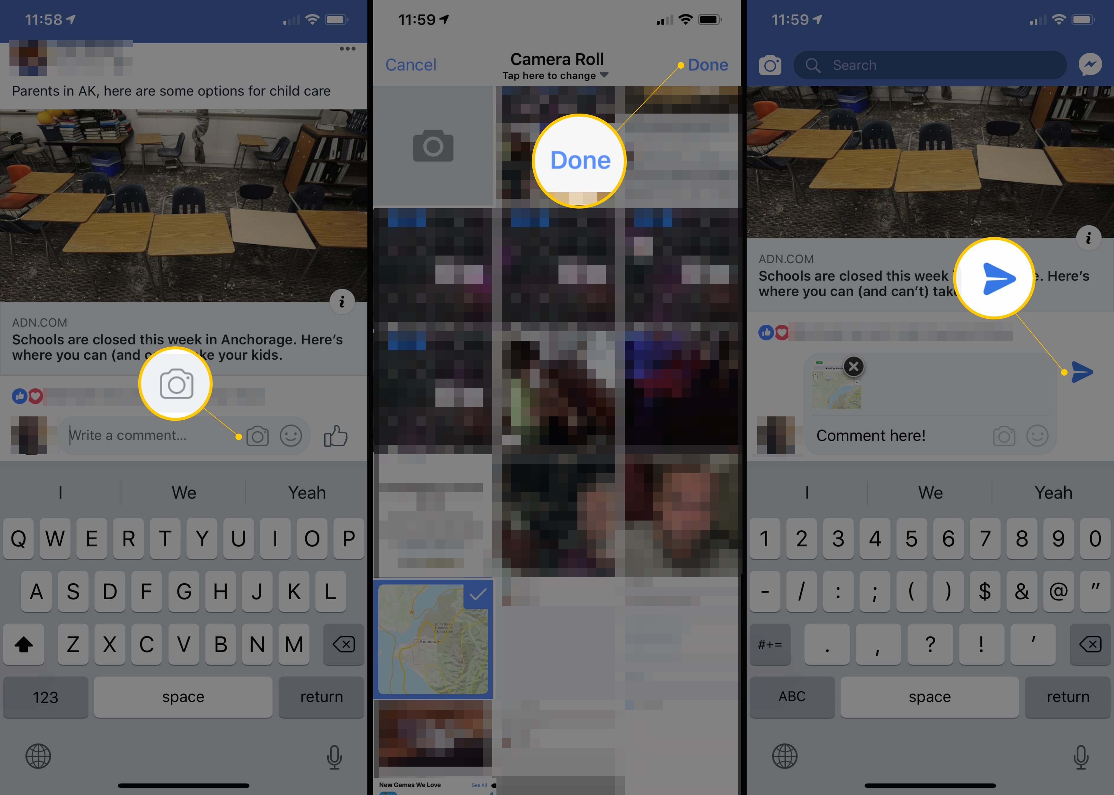 Tre Facebook iOS-skärmar som visar kameraikon, Klar-knapp och Skicka-knapp