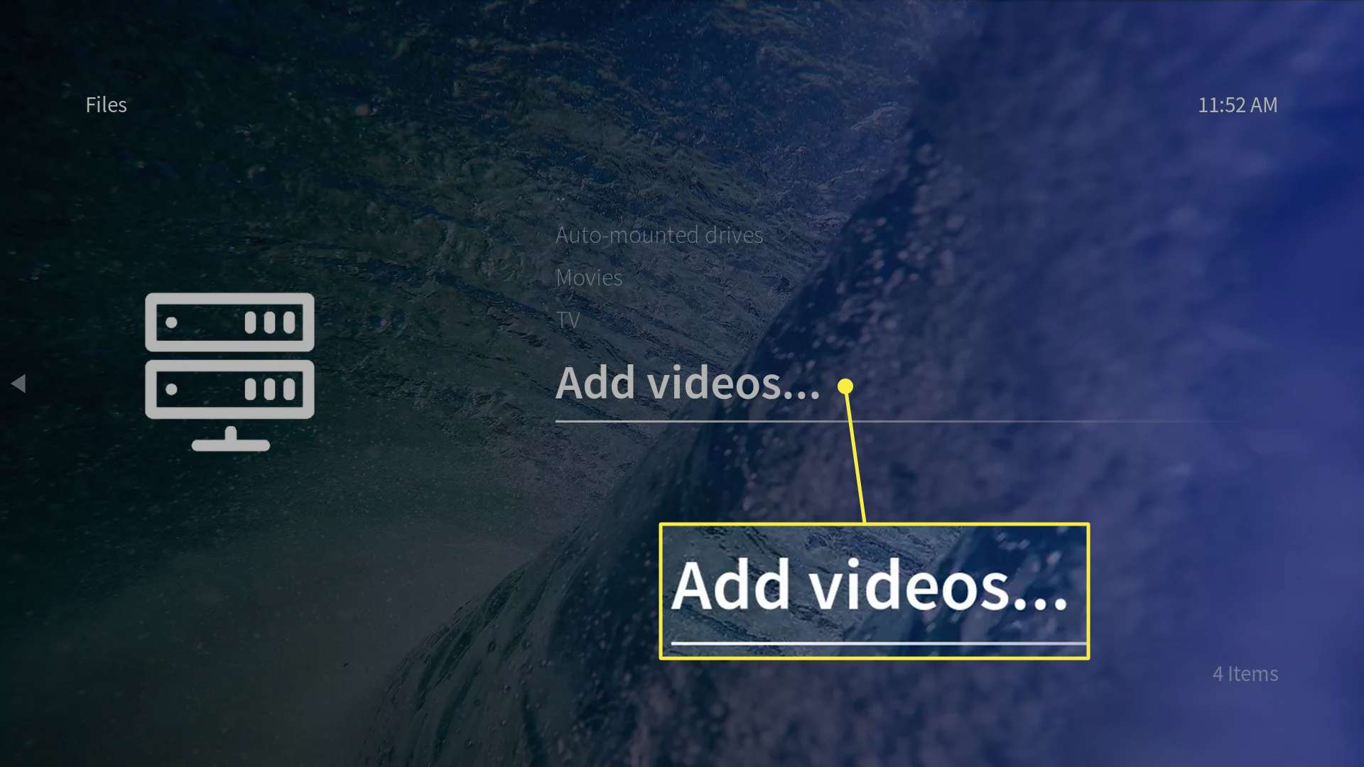 OSMC-appen med alternativet Lägg till videor markerat