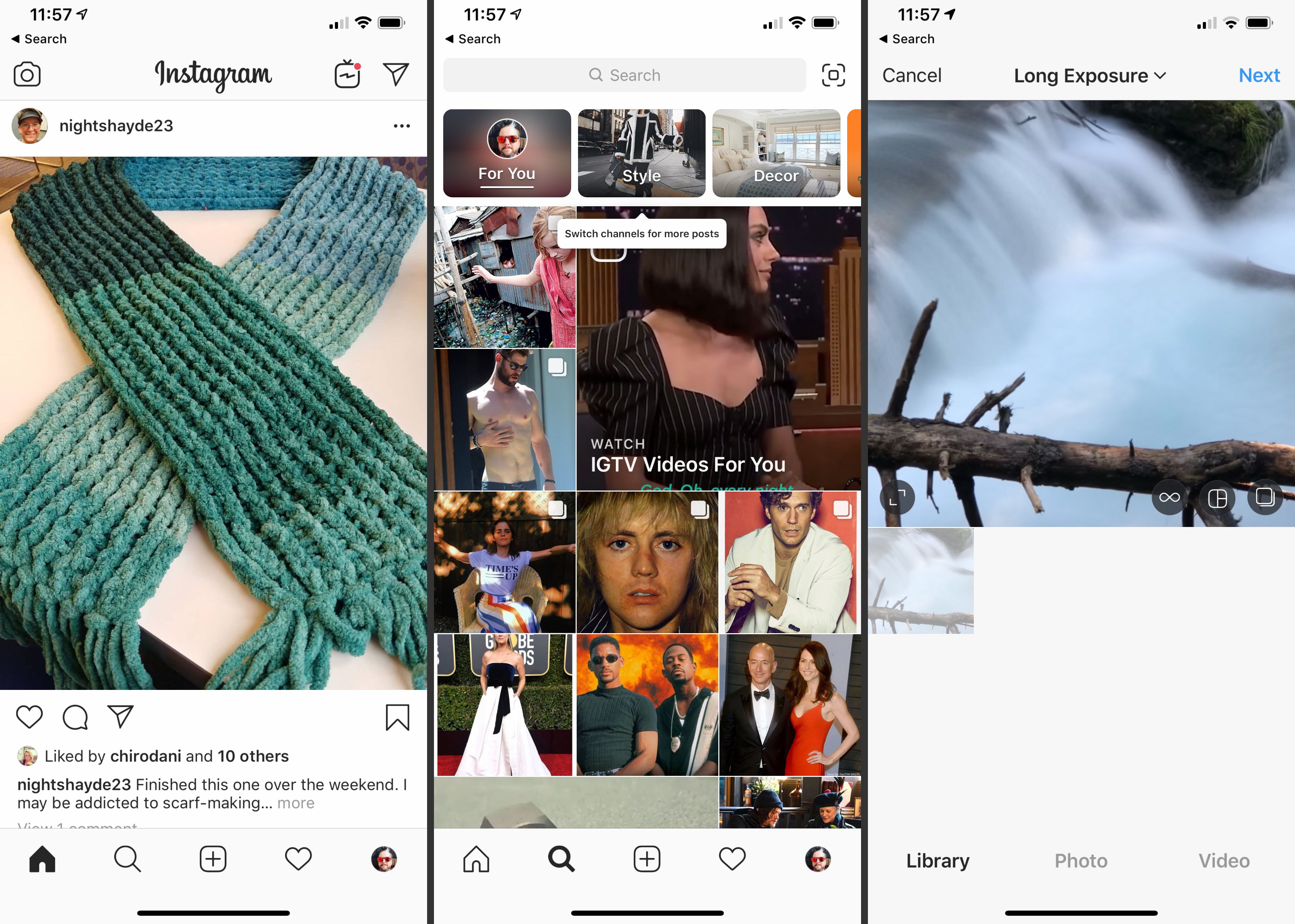 Tre iOS Instagram-skärmar