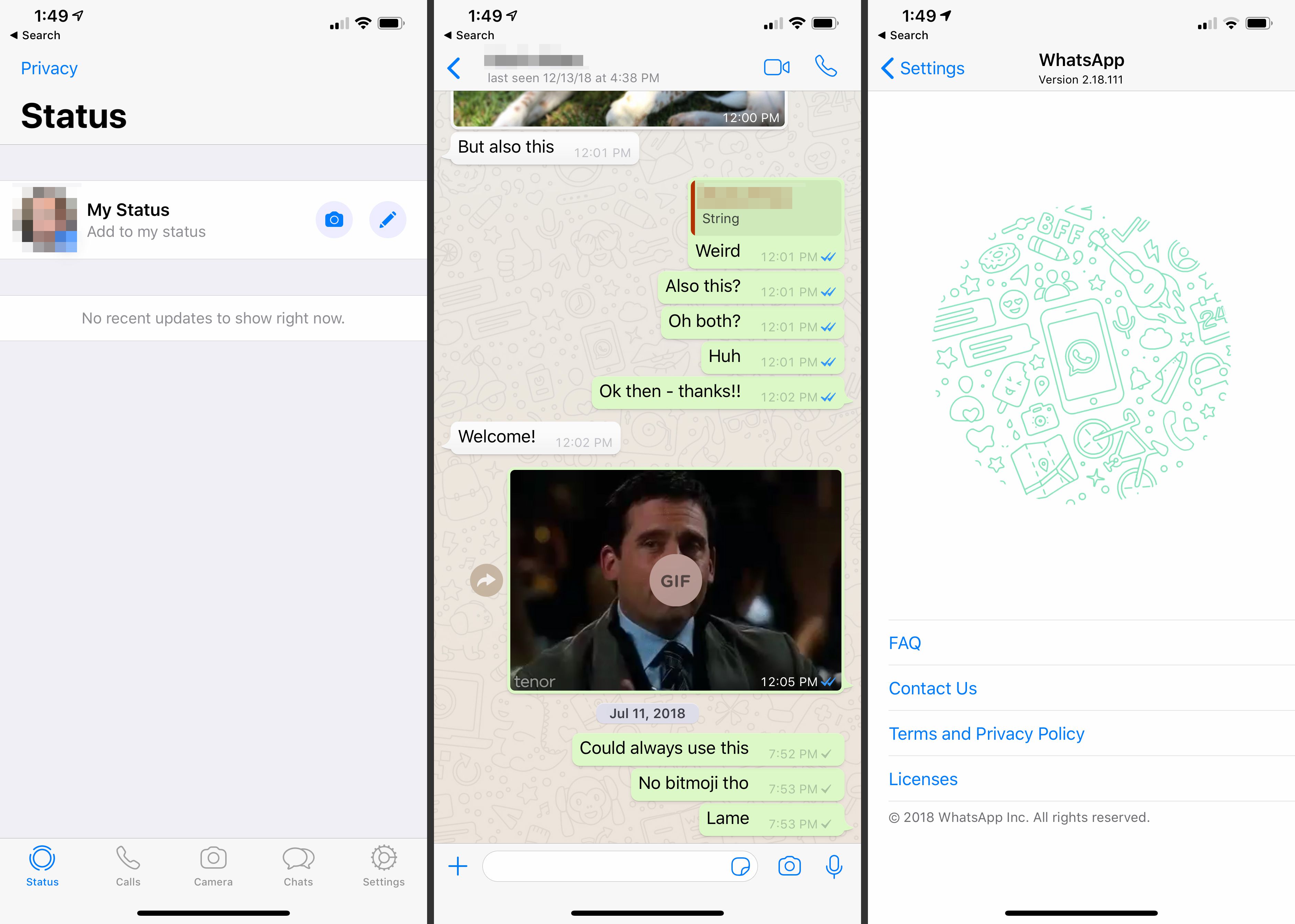 Tre WhatsApp-skärmar på iOS