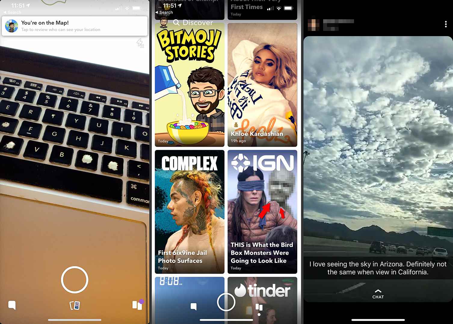 Tre iOS Snapchat-skärmar