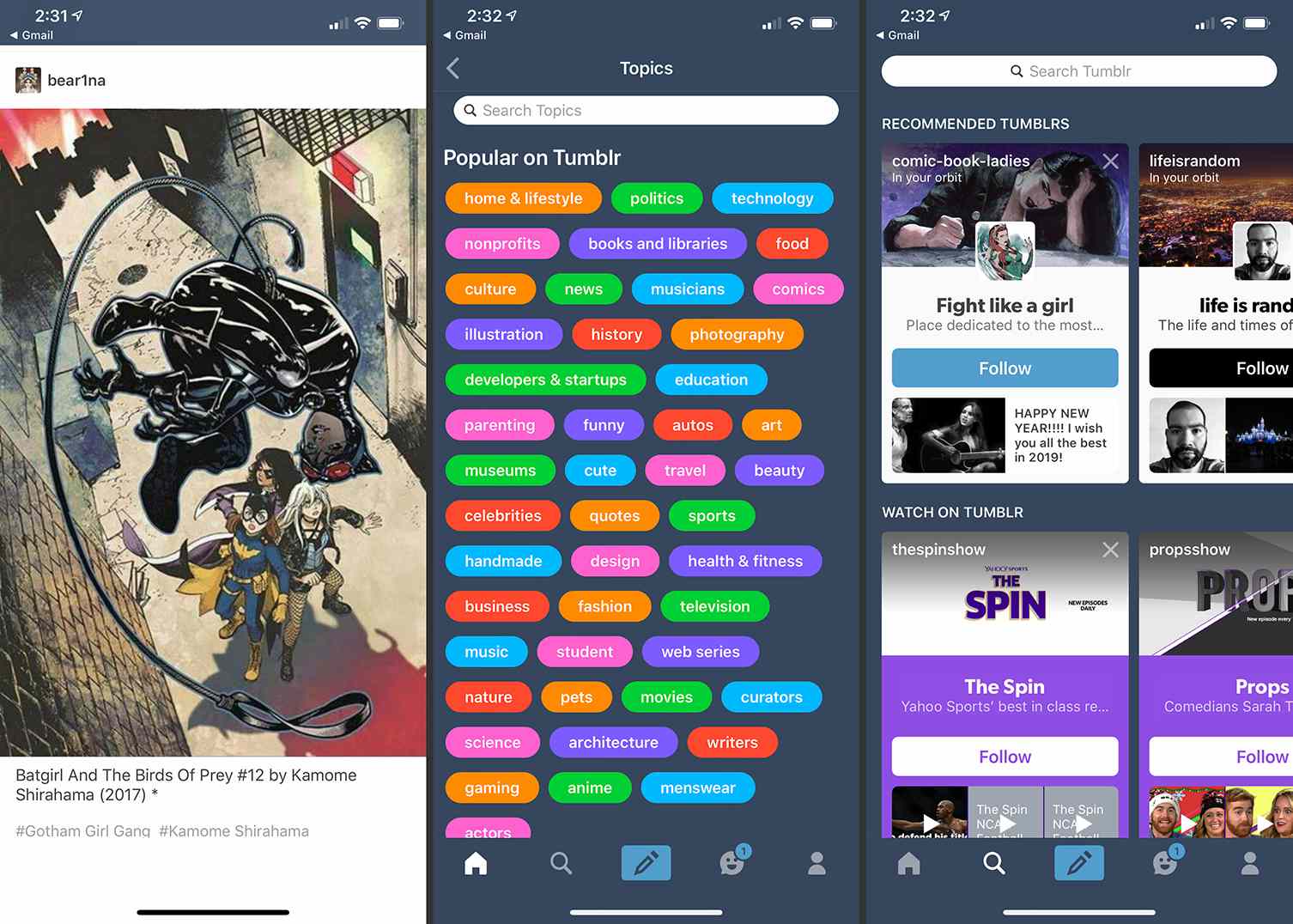 Tre iOS-skärmar från Tumblr-appen