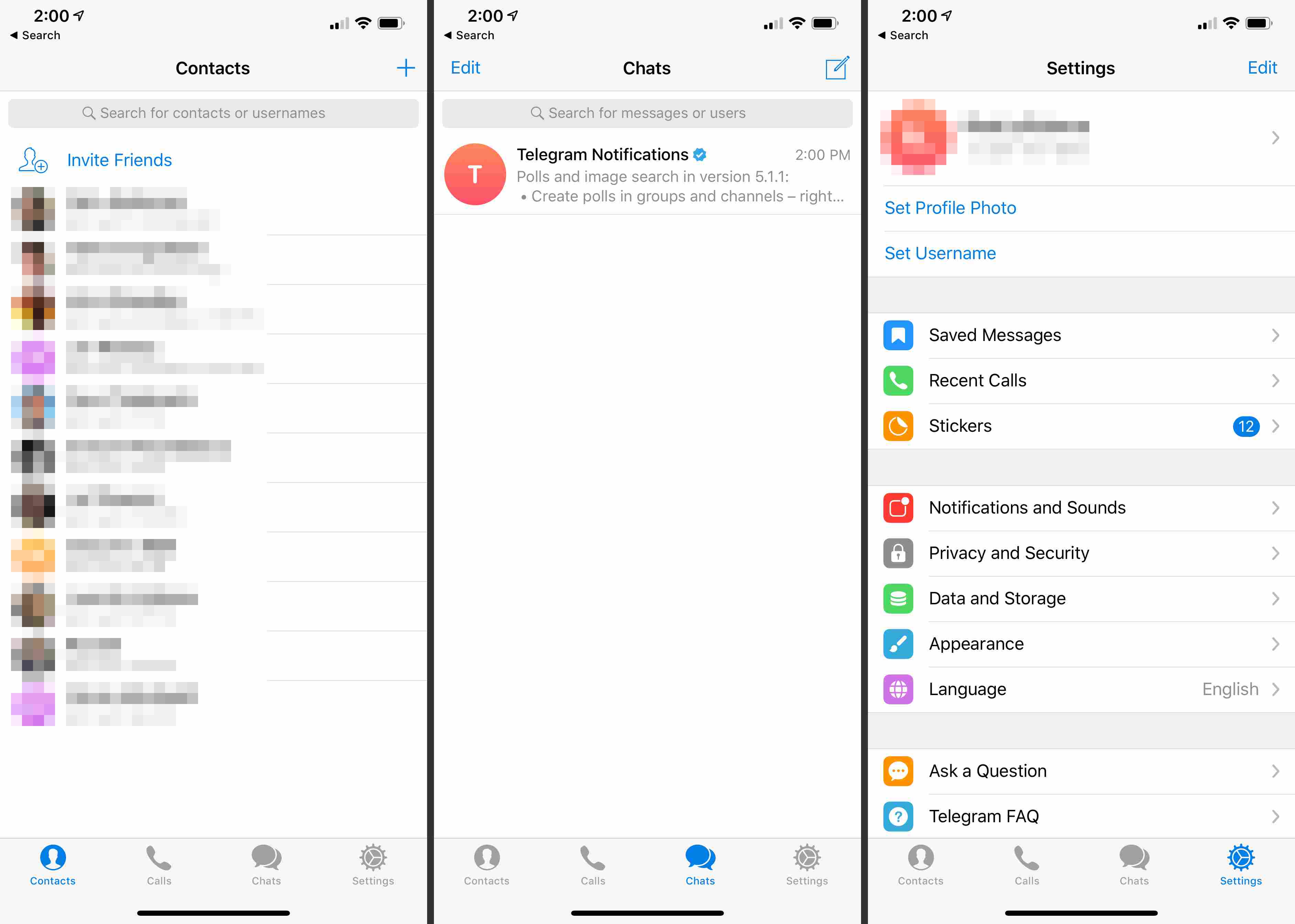 Tre iOS-skärmar från Telegram