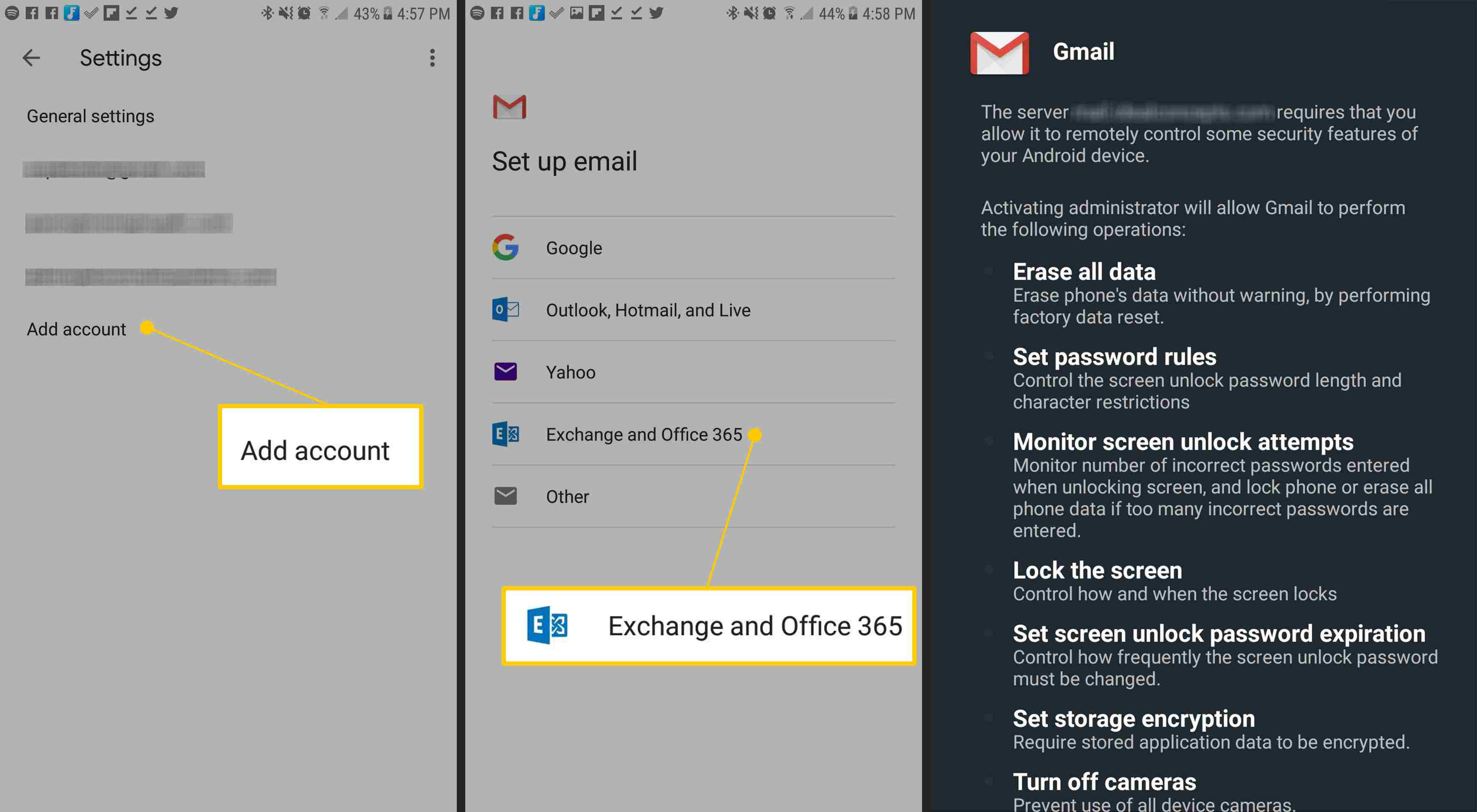 Lägg till konto, Exchange och Office 365, behörighetsskärmen i Android