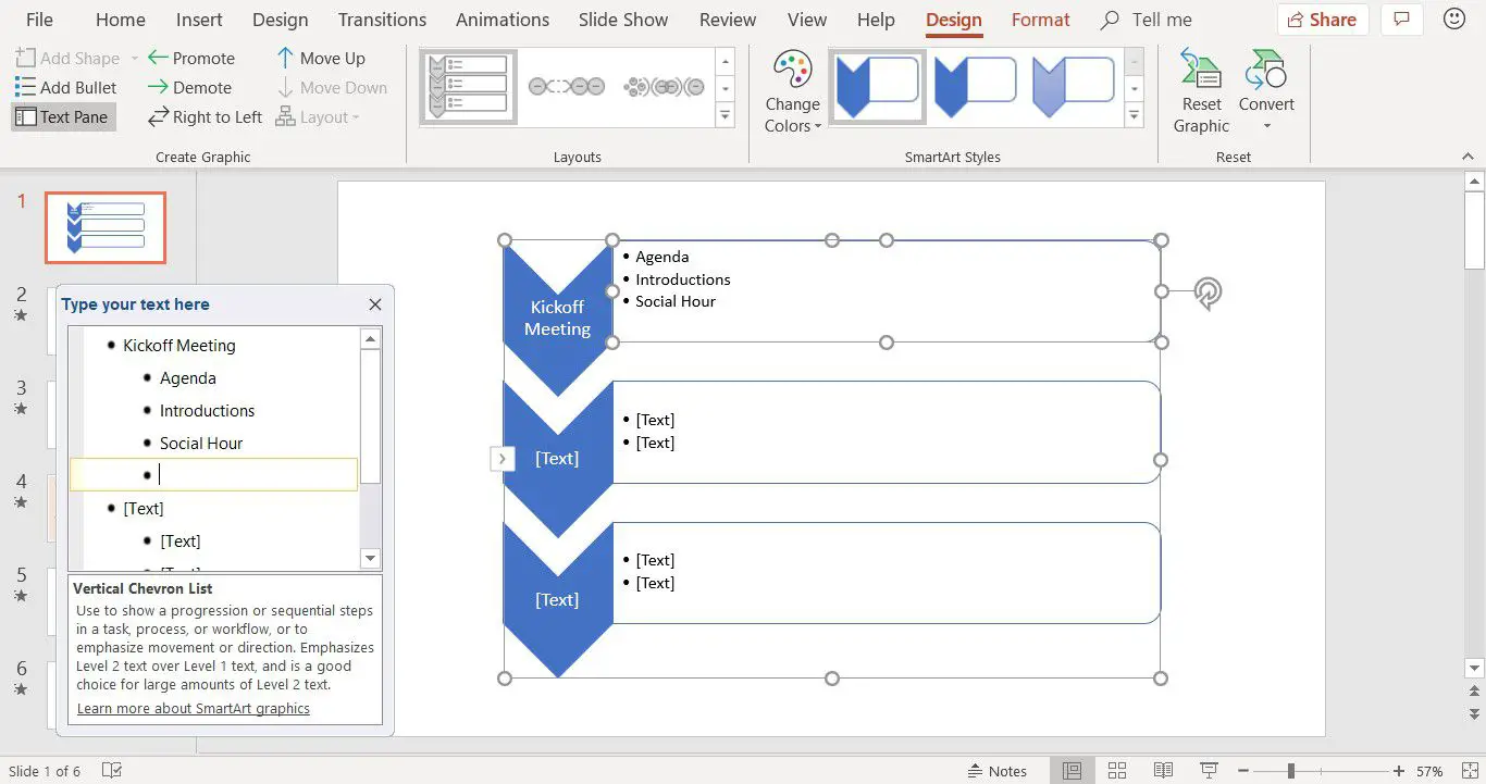 En skärmdump som visar hur man lägger till text till en SmartArt-grafik i PowerPoint