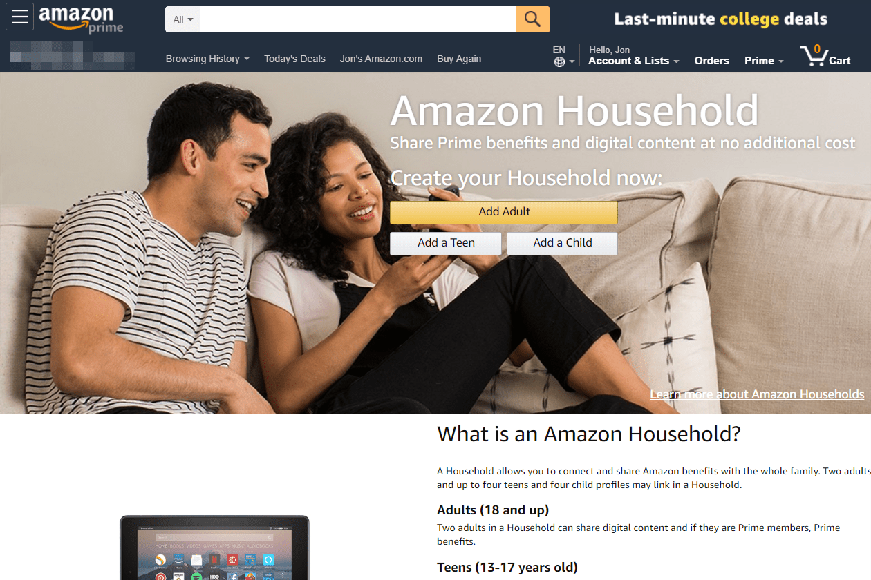 Amazon Household lägg till vuxen-knapp