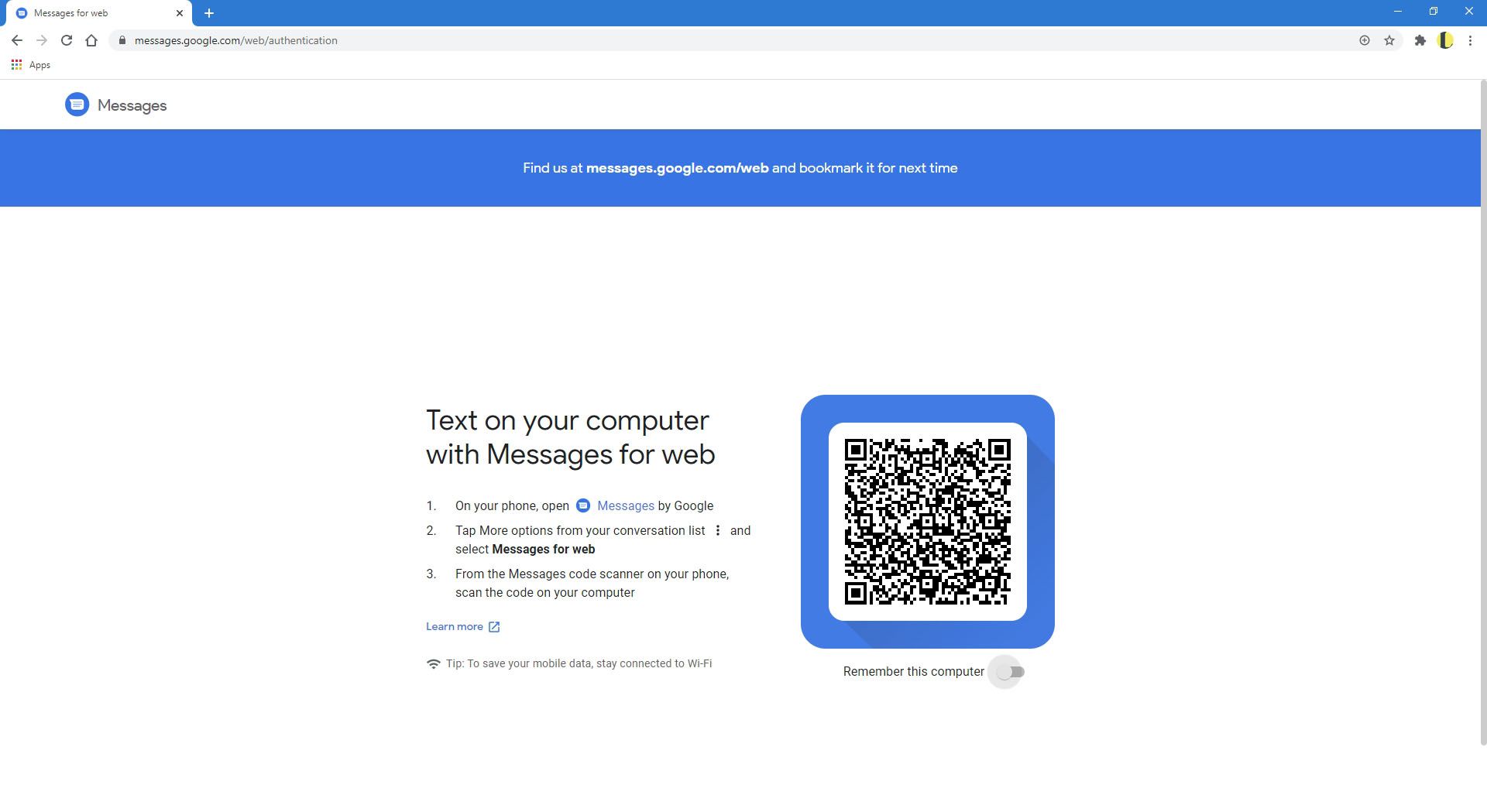 Google Messages webbplats.