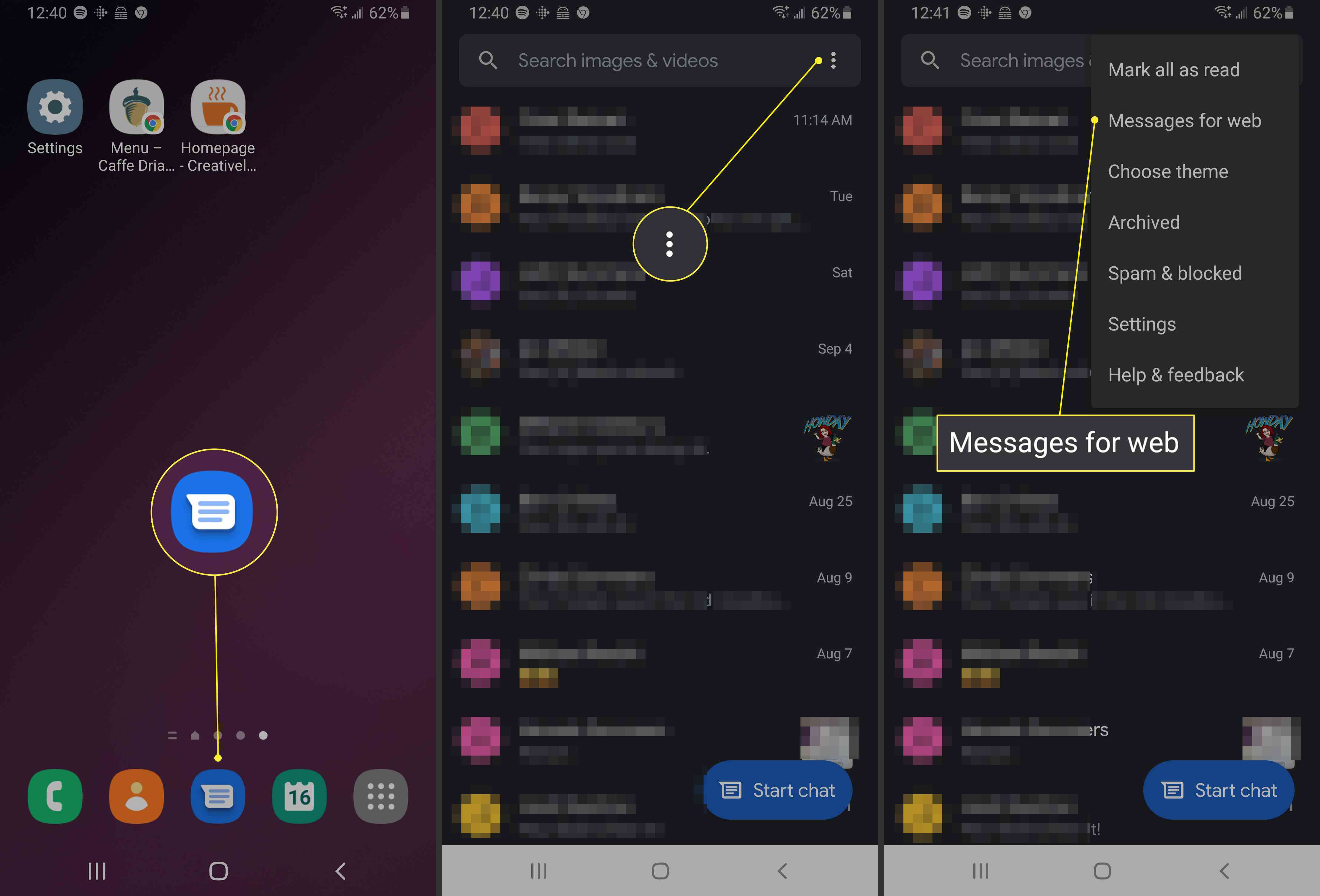 Android Messages inställningsskärm för smartphone.