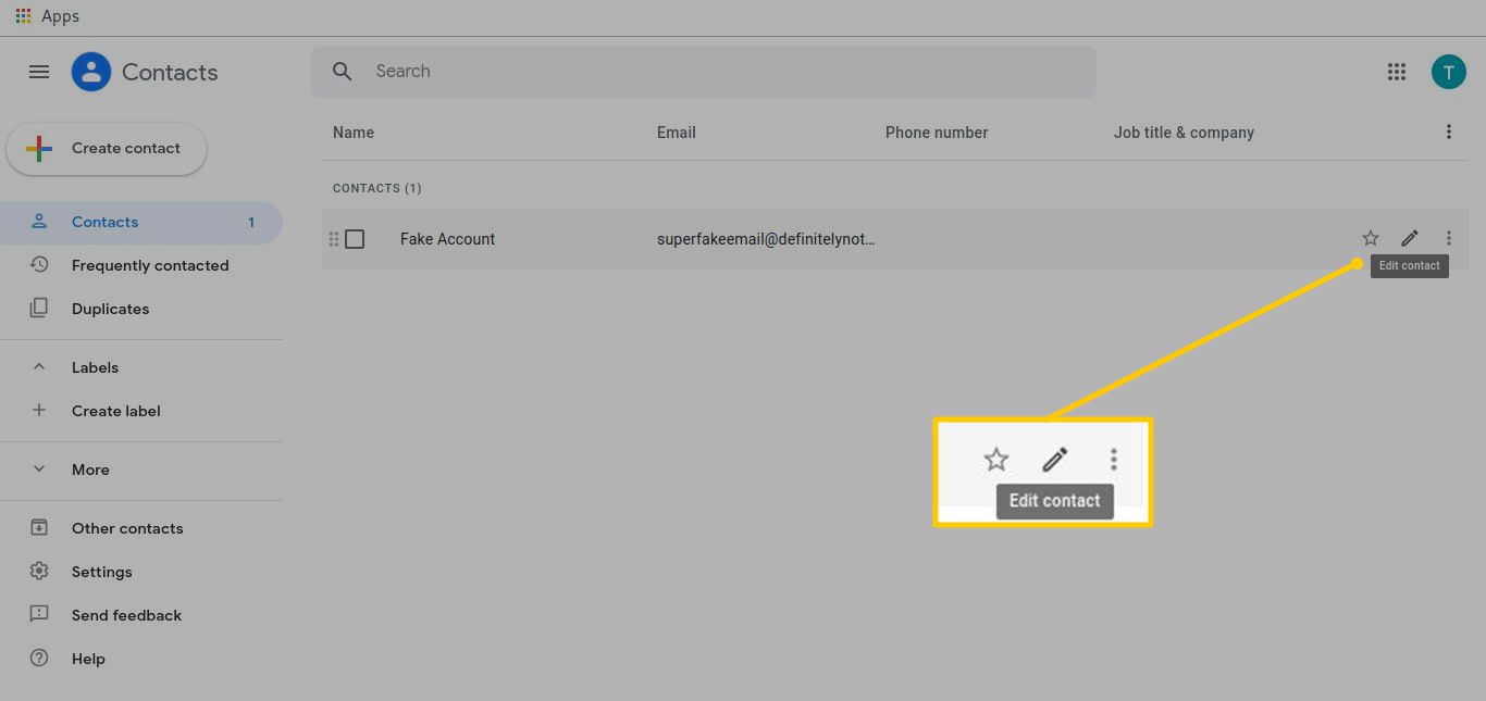 Redigera kontaktknappen på Gmail-skärmen Kontakter