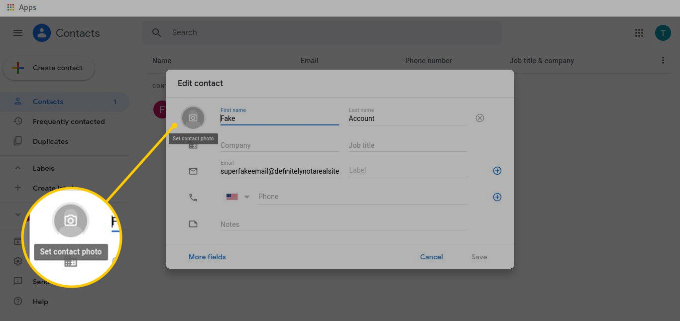 Ange kontaktfotoknapp i Gmail-kontakter
