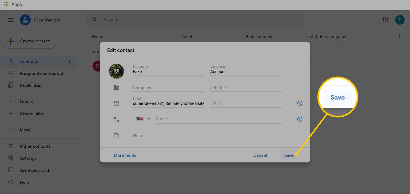 Spara-knappen för kontakt i Gmail