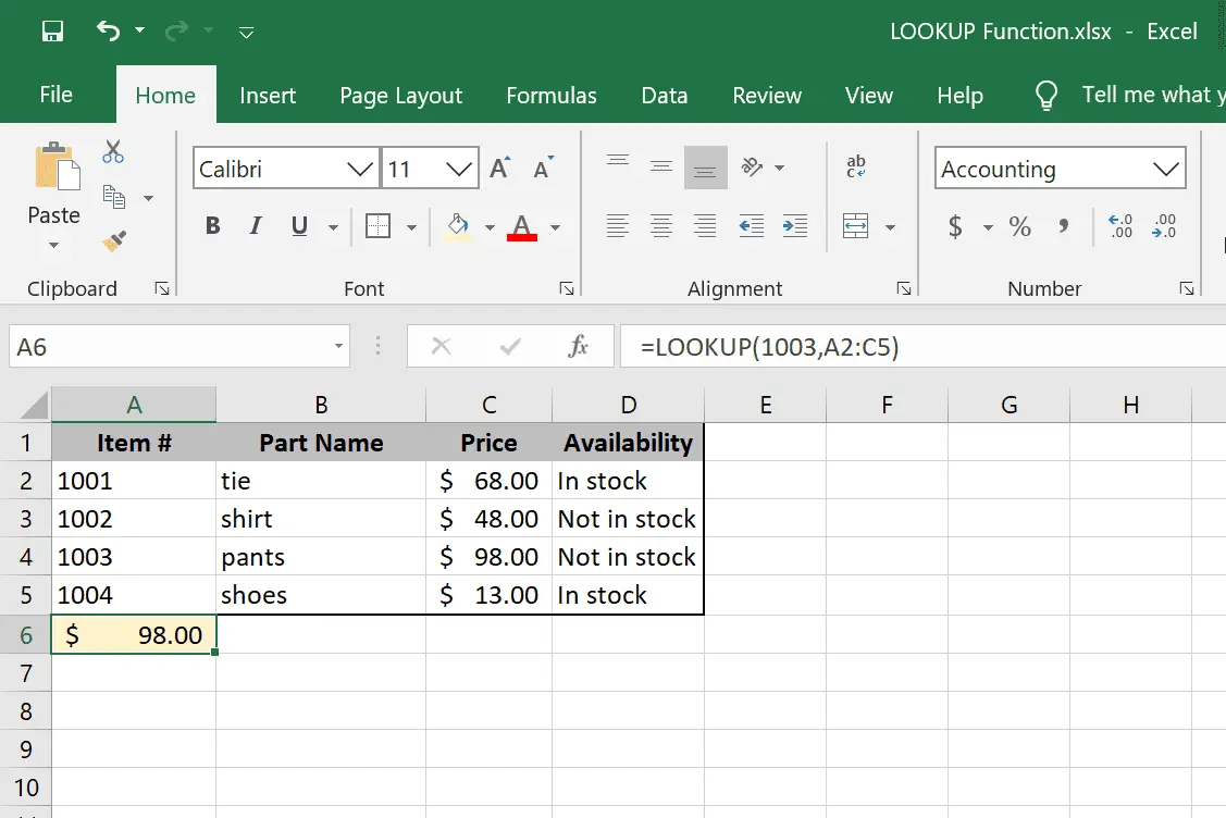 LOOKUP-arrayfunktionsexempel i Excel