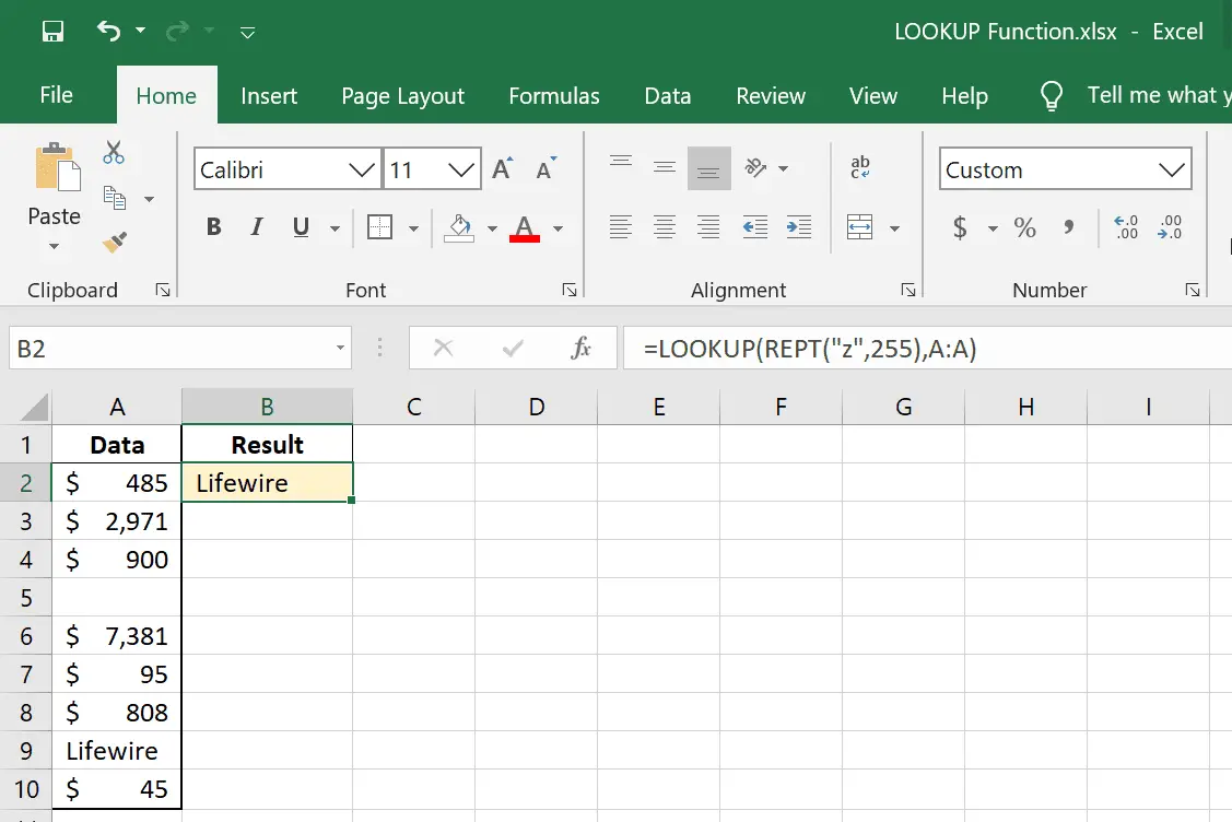 LOOKUP Excel-formel som hittar det sista textvärdet i en lista