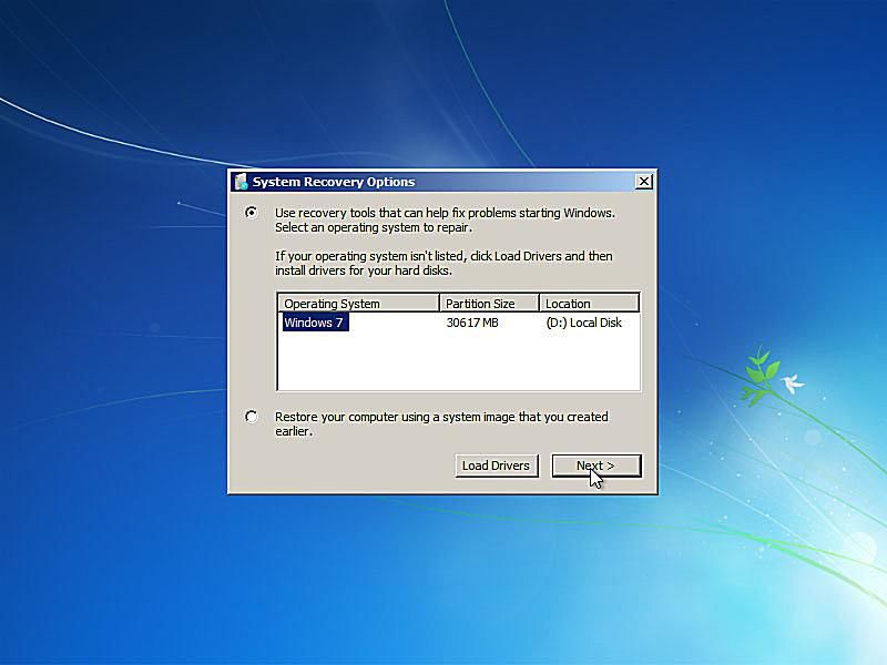 En skärmdump av Windows 7 startreparation som ber om operativsystemet
