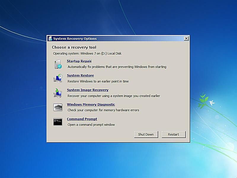 En skärmdump av Windows 7 Startup Repair Recovery-alternativ