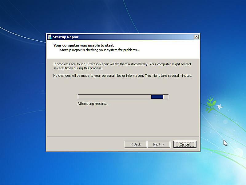 En skärmdump av Windows 7 startreparation som försöker lösa problem