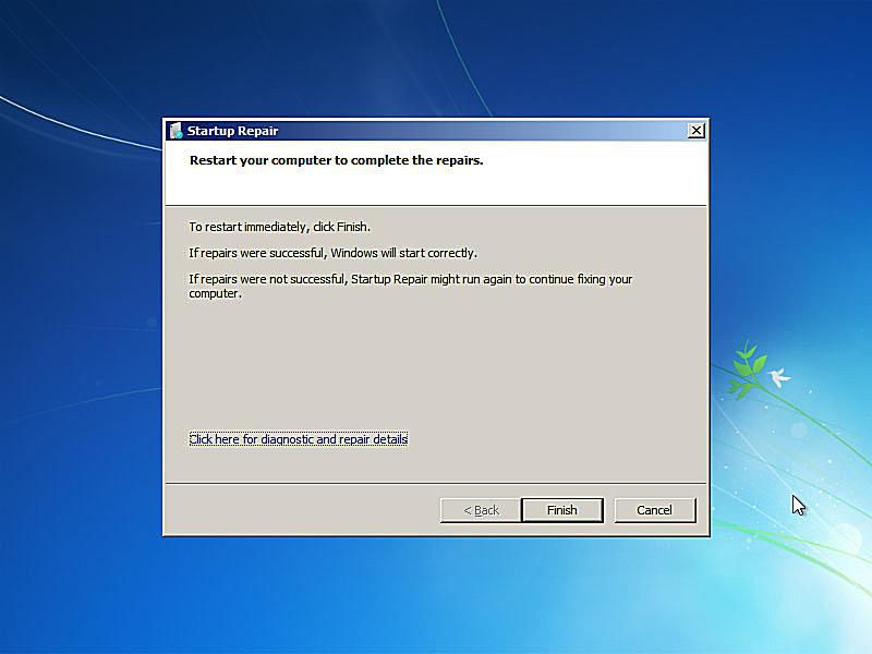 En skärmdump av Windows 7 efterbehandling av startreparationer