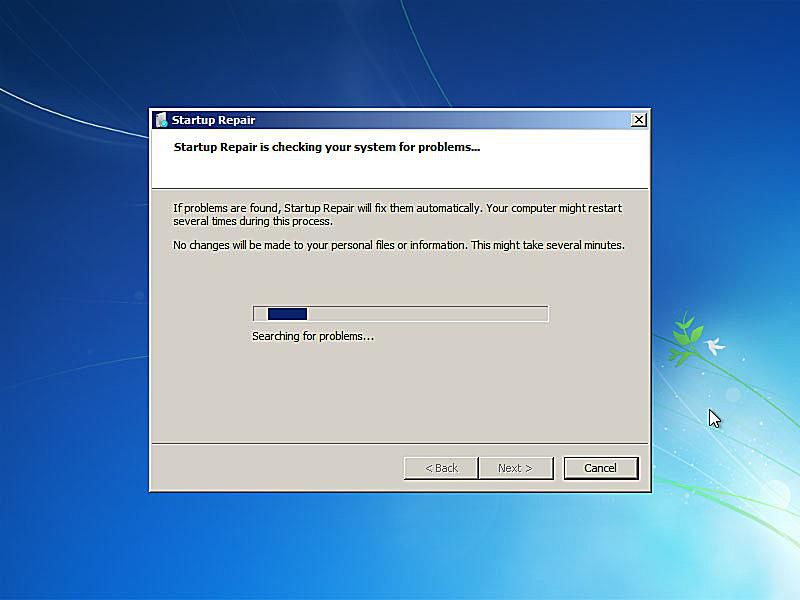 Skärmdump av Windows 7 startreparation söker efter problem