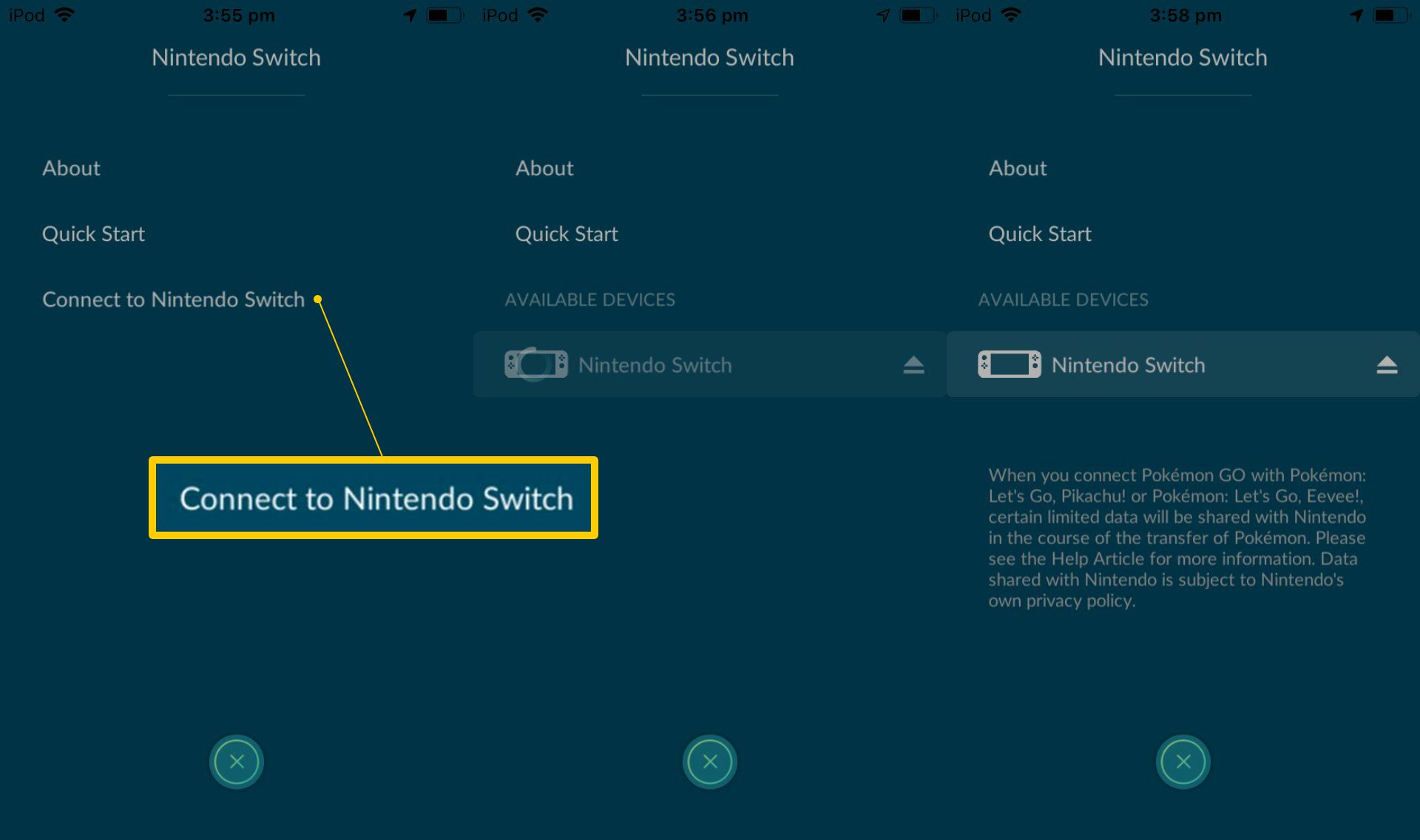 Anslut till Nintendo Switch-knappen i iOS Pokemon Go-appen