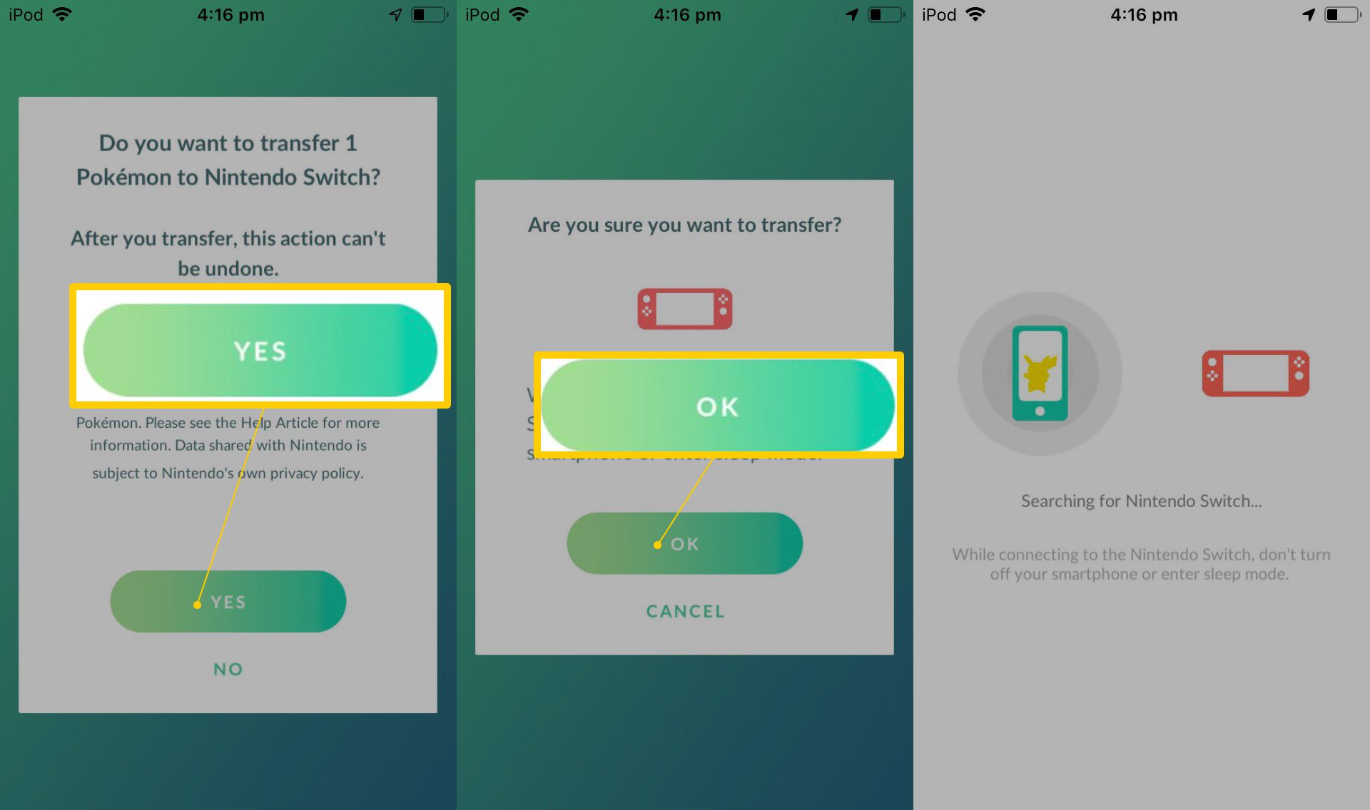 Ja och OK-knappar i Pokemon Go-appen på iOS