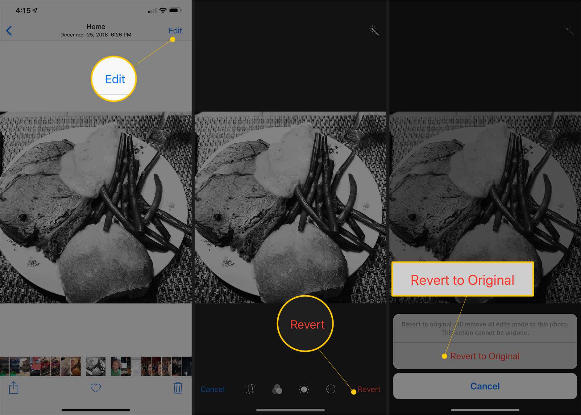 Tre skärmar för iOS-kameraprogram som visar knapparna Redigera, Återställ och Återställ till original
