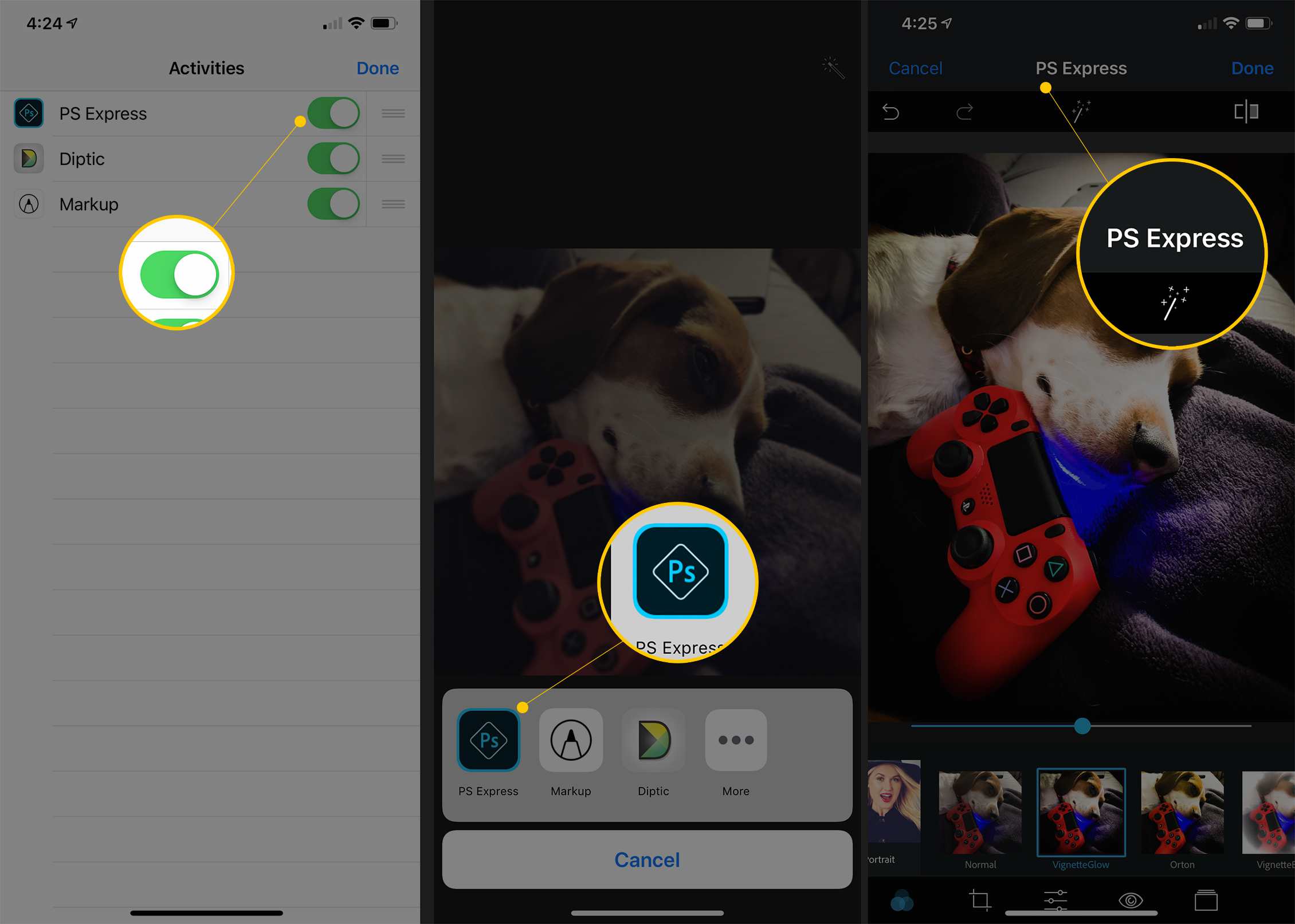 Tre iOS-skärmar som visar PS Express växlas till PÅ, PS Express i Fler fotoalternativ och PS Express redigeringssida
