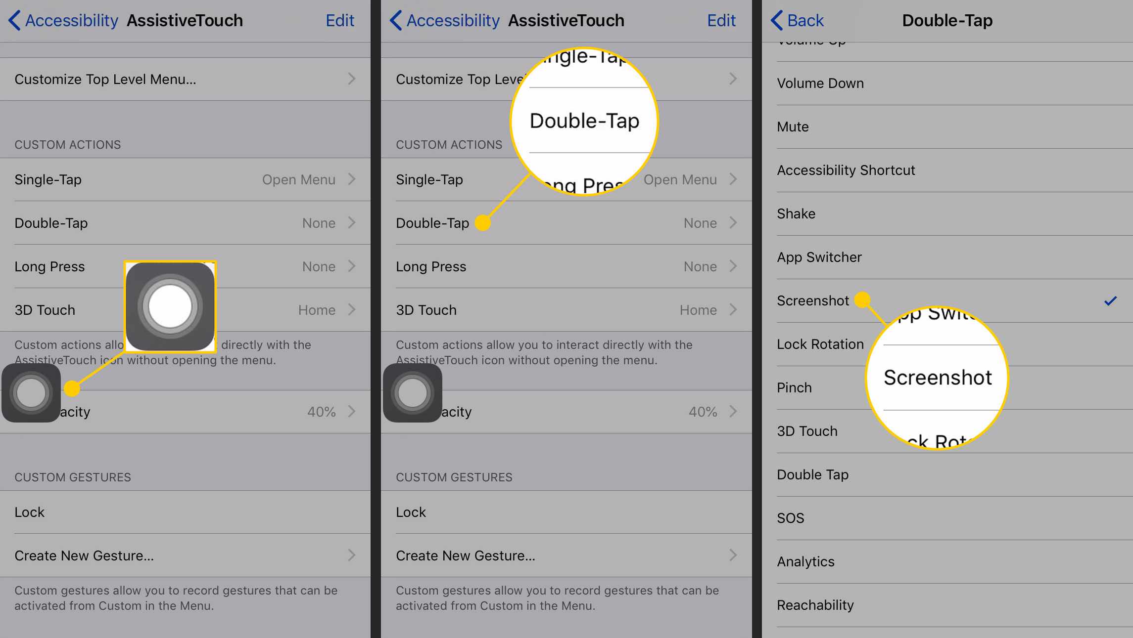Tilldela dubbeltryck för att ta en skärmdump i AssistiveTouch på en iPhone